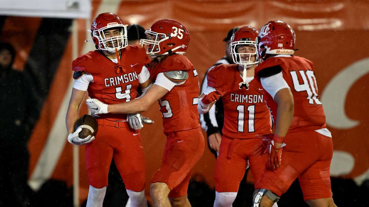 Crimson Cliffs and Sky View play in 4A semifinal action at Rice-Eccles Stadium at the University of Utah in Salt Lake City on Friday, Nov. 15, 2024. Crimson Cliffs won 38-29.