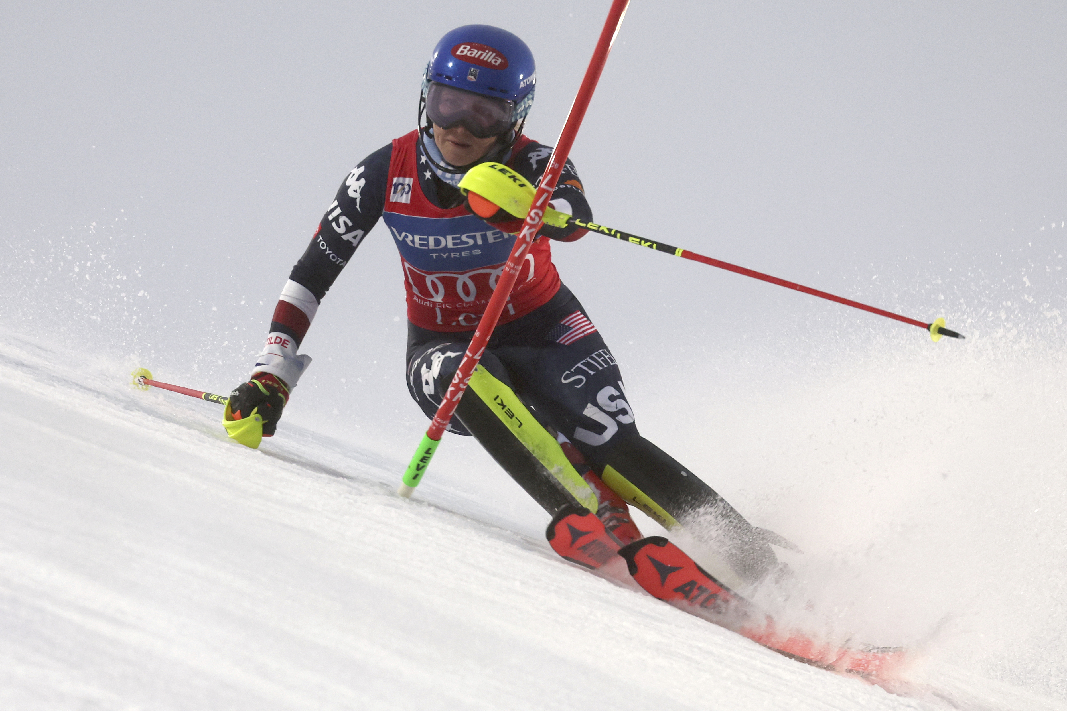 United States' Mikaela Shiffrin speeds down the course during an alpine ski, women's World Cup slalom, in Levi, Finland, Saturday, Nov. 16, 2024.