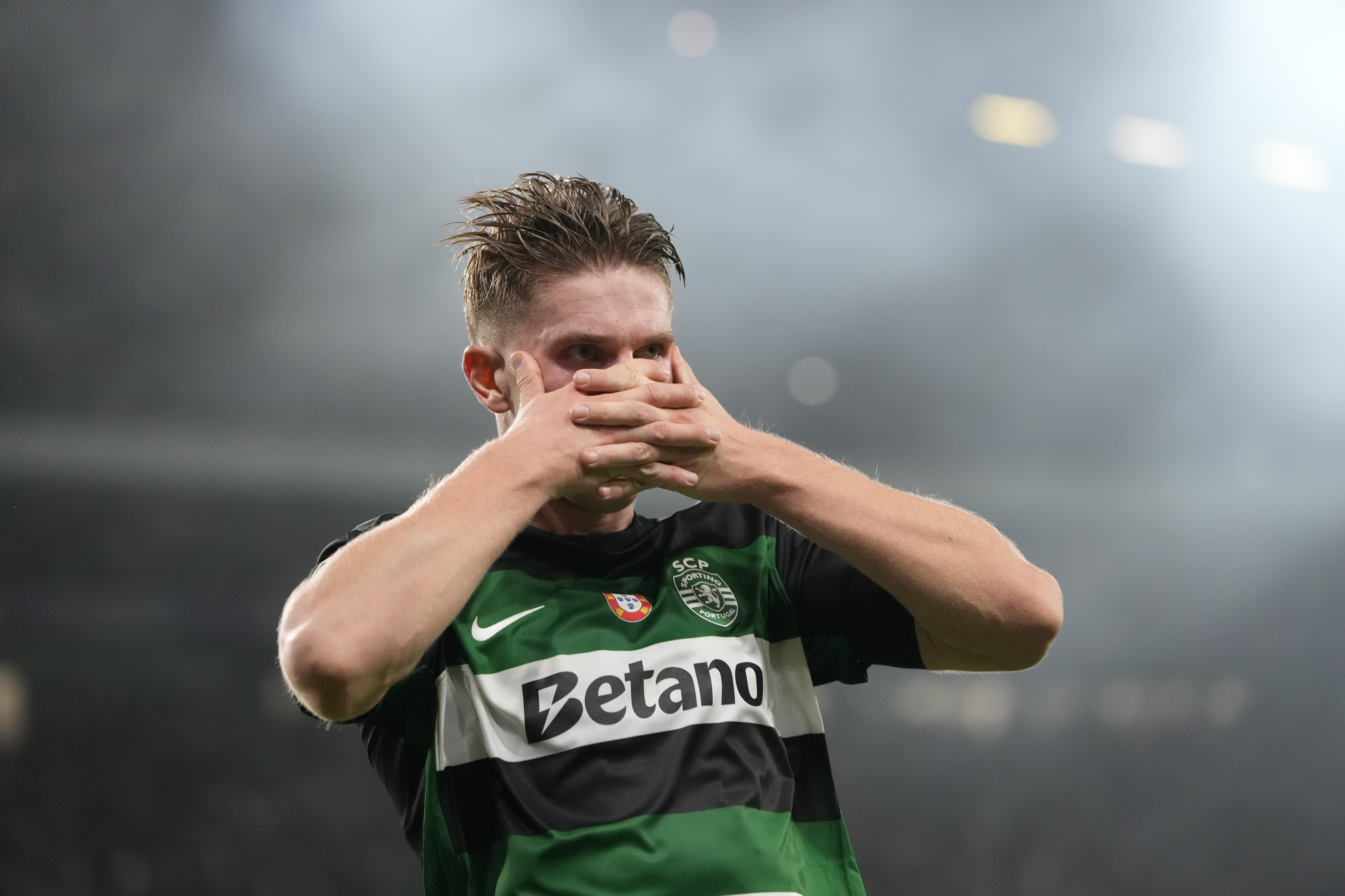 FILE - Sporting's Viktor Gyokeres celebrates after scoring during the UEFA Champions League opening phase soccer match between Sporting and Manchester City in Lisbon, Portugal, Tuesday, November 5, 2024. 
