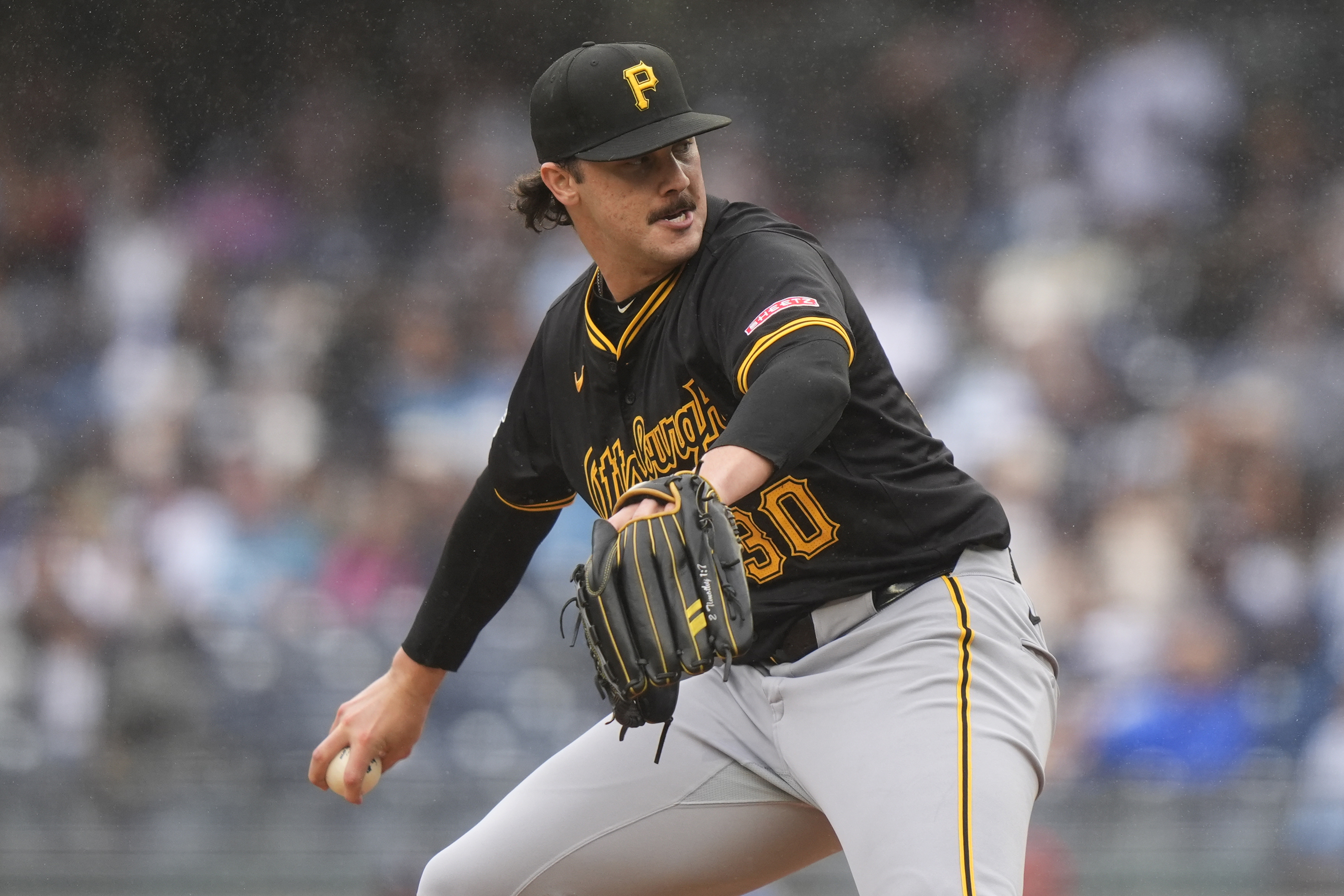 FILE - Pittsburgh Pirates pitcher Paul Skenes (30) pitches during the second inning of a baseball game against the New York Yankees, Saturday, Sept. 28, 2024, in New York. 