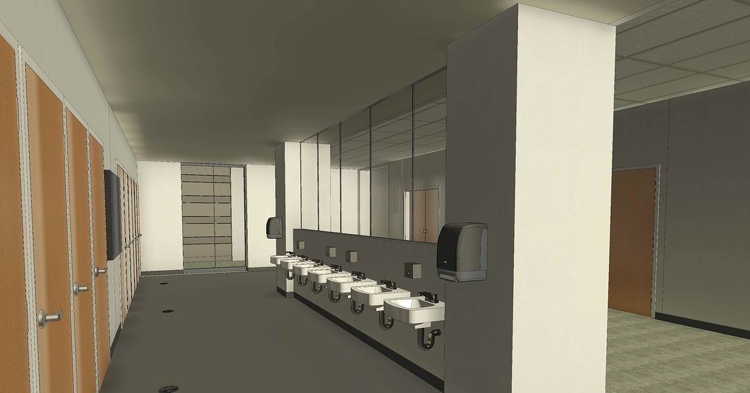 Model renderings of bathroom designs for Cyprus High School with shared sink space.