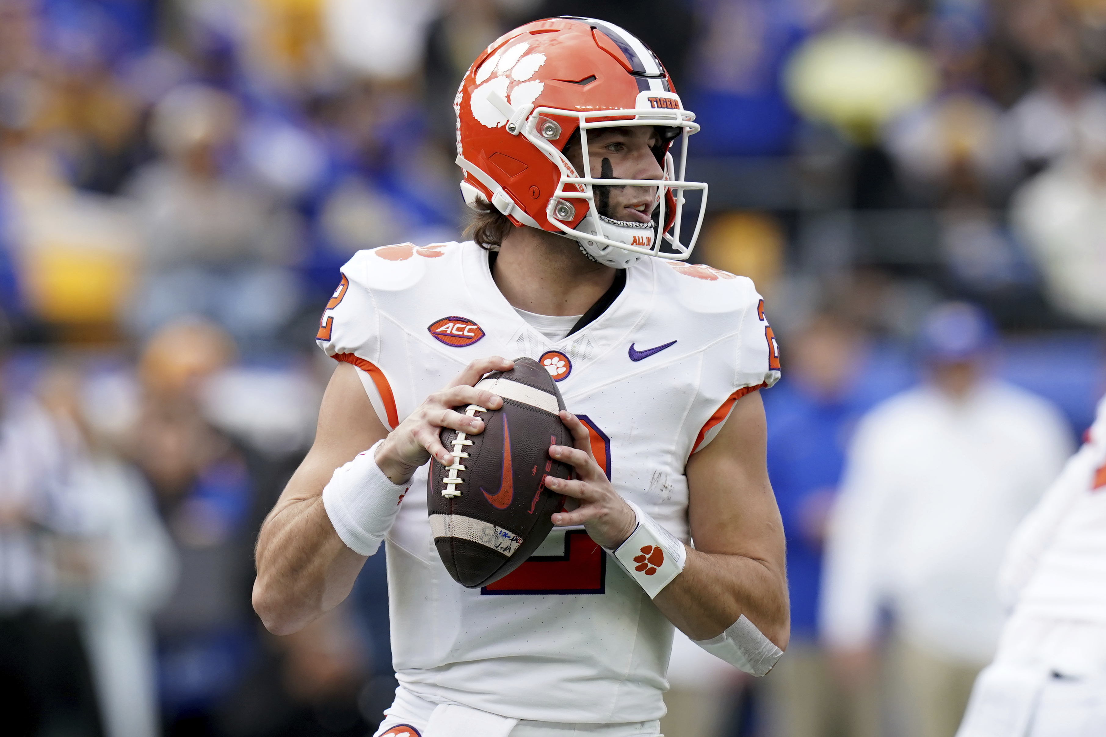 Clemson quarterback Cade Klubnik (2) looks to throw during the first half of an NCAA college football game against Pittsburgh, Saturday, Nov. 16, 2024, in Pittsburgh. 