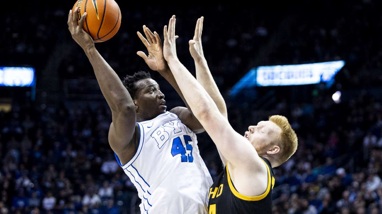 BYU center Fousseyni Traore (45) shoots the ball over Idaho Vandals forward Kyson Rose (34) during an NCAA men’s basketball game held at the Marriott Center on the campus of Brigham Young University in Provo on Saturday, Nov. 16, 2024.