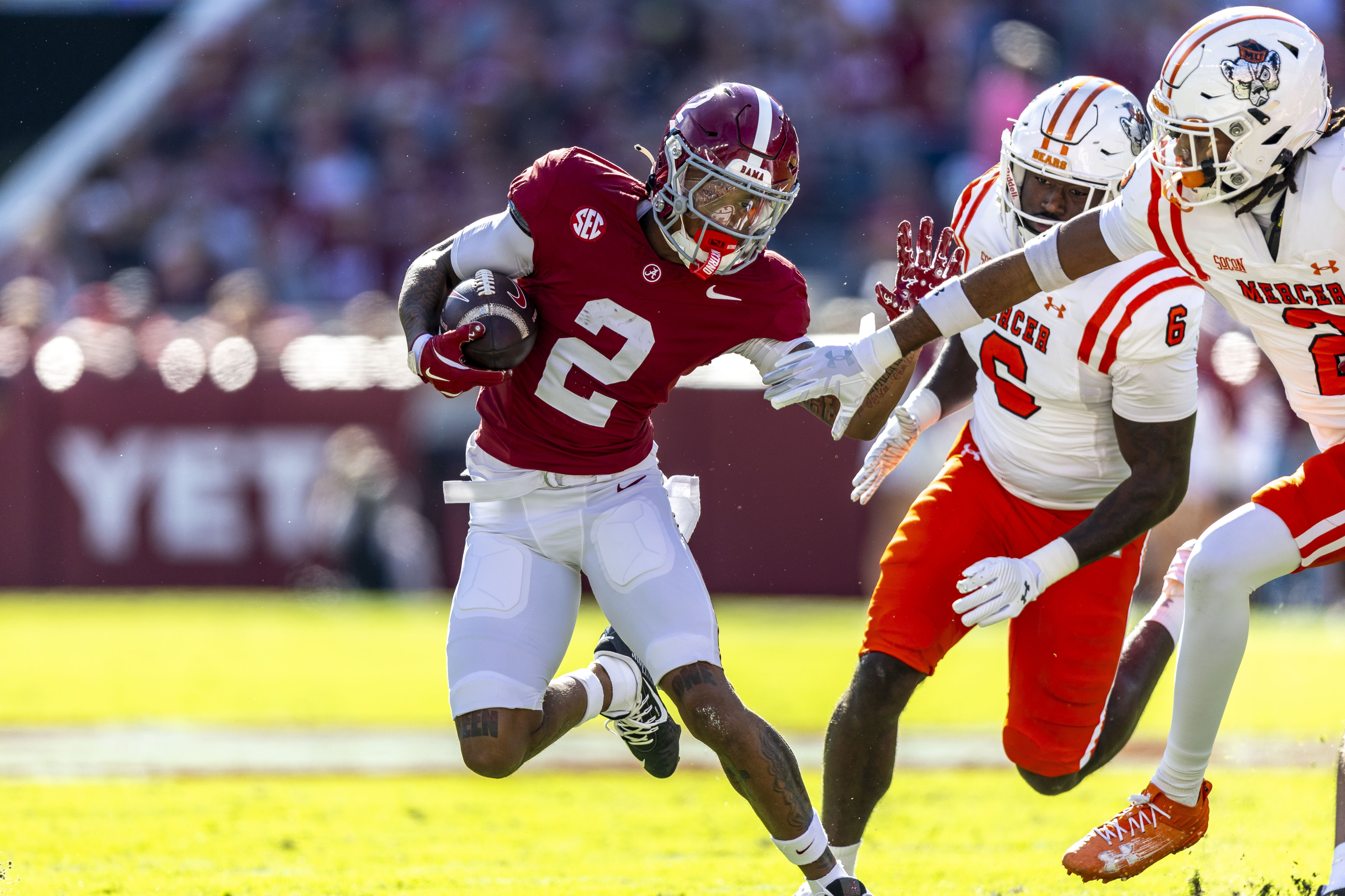 Alabama wide receiver Ryan Williams (2) runs the ball for a touchdown against Mercer during the first half of an NCAA college football game, Saturday, Nov. 16, 2024, in Tuscaloosa, Ala.