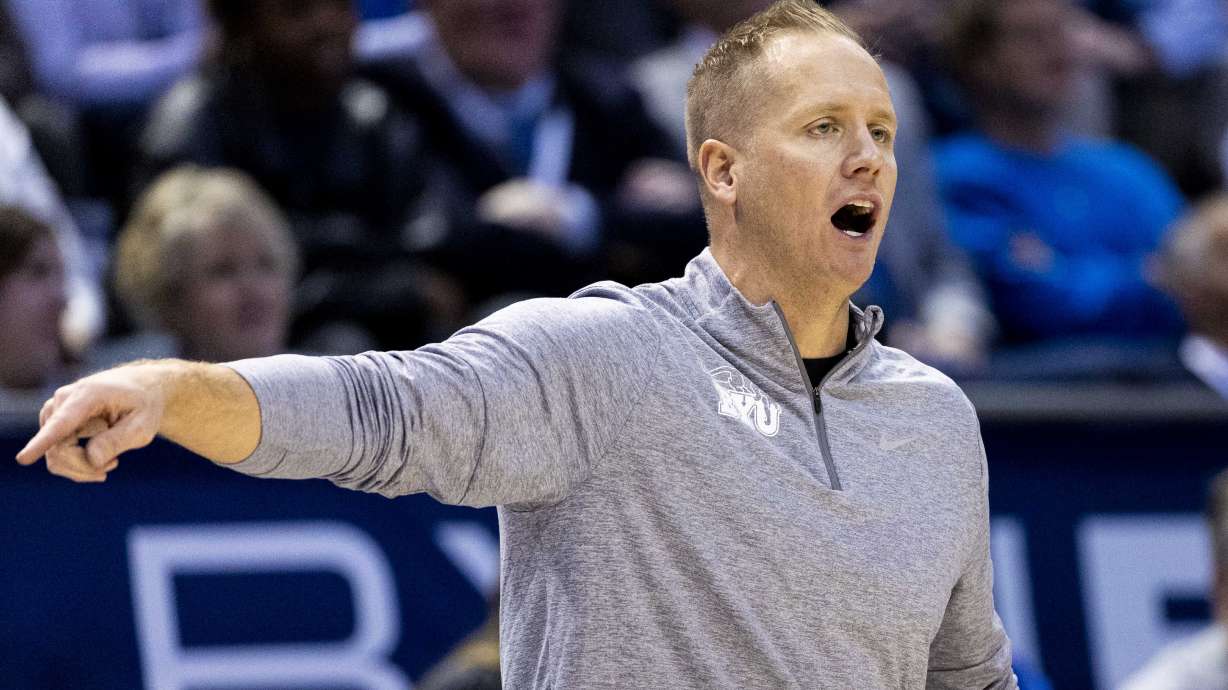 BYU head coach Kevin Young calls out to his players during an NCAA men’s basketball game against the Idaho Vandals held at the Marriott Center on the campus of Brigham Young University in Provo on Saturday, Nov. 16, 2024.
