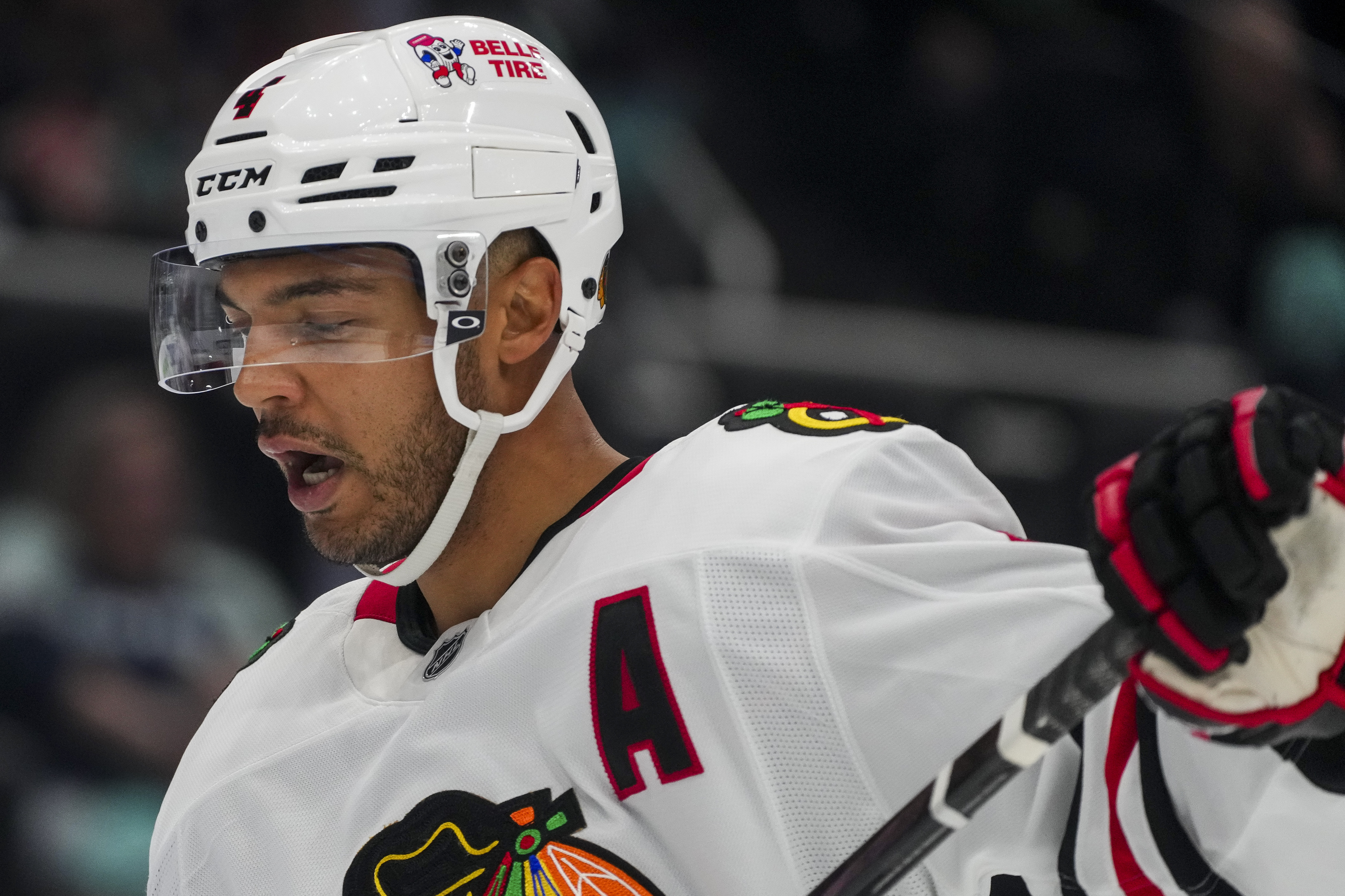 Chicago Blackhawks defenseman Seth Jones (4) reacts as time winds down during the third period of an NHL hockey game against the Seattle Kraken, Thursday, Nov. 14, 2024, in Seattle.