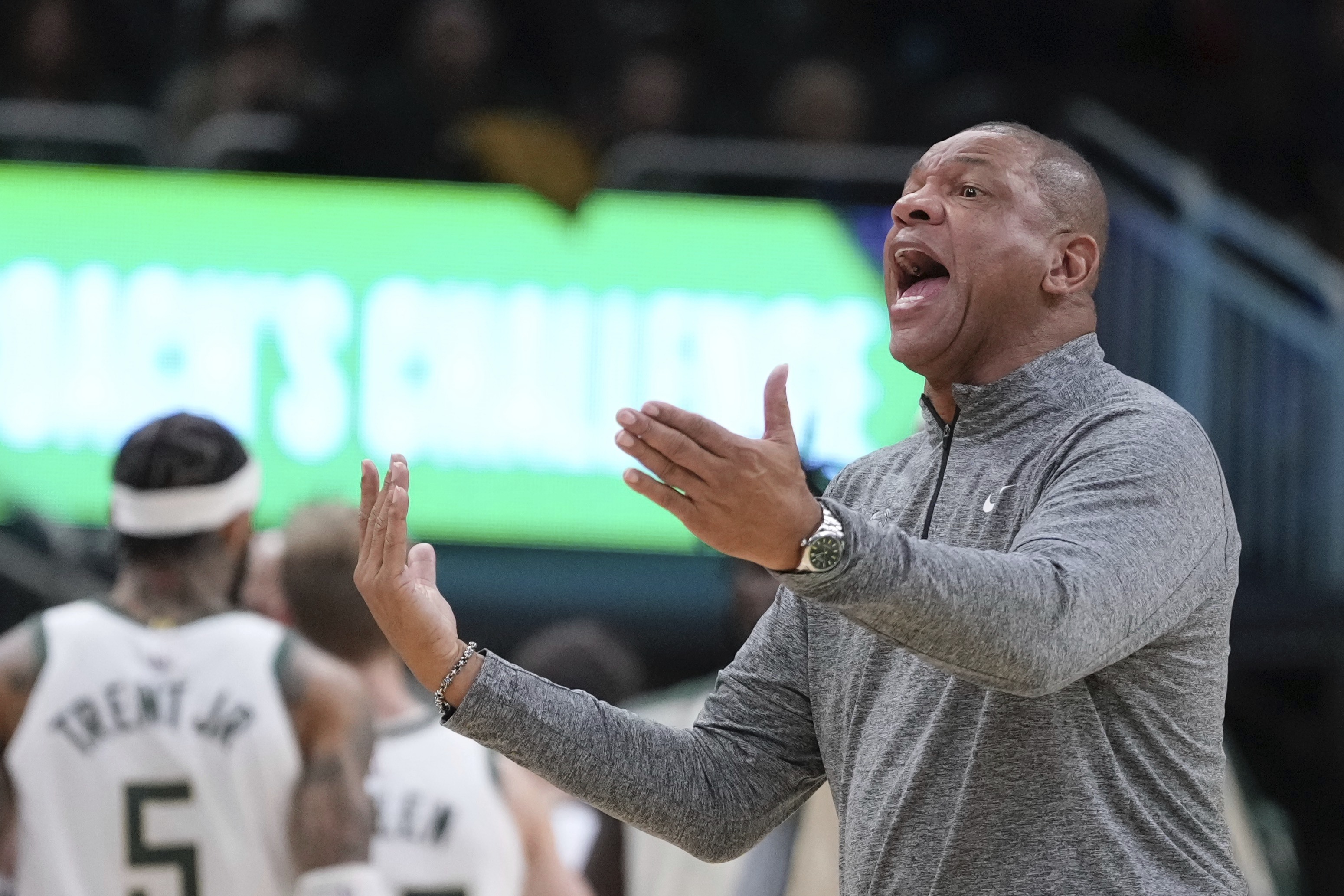 Milwaukee Bucks head coach Doc Rivers reacts to a call during the first half of an NBA basketball game Wednesday, Nov. 13, 2024, in Milwaukee. 
