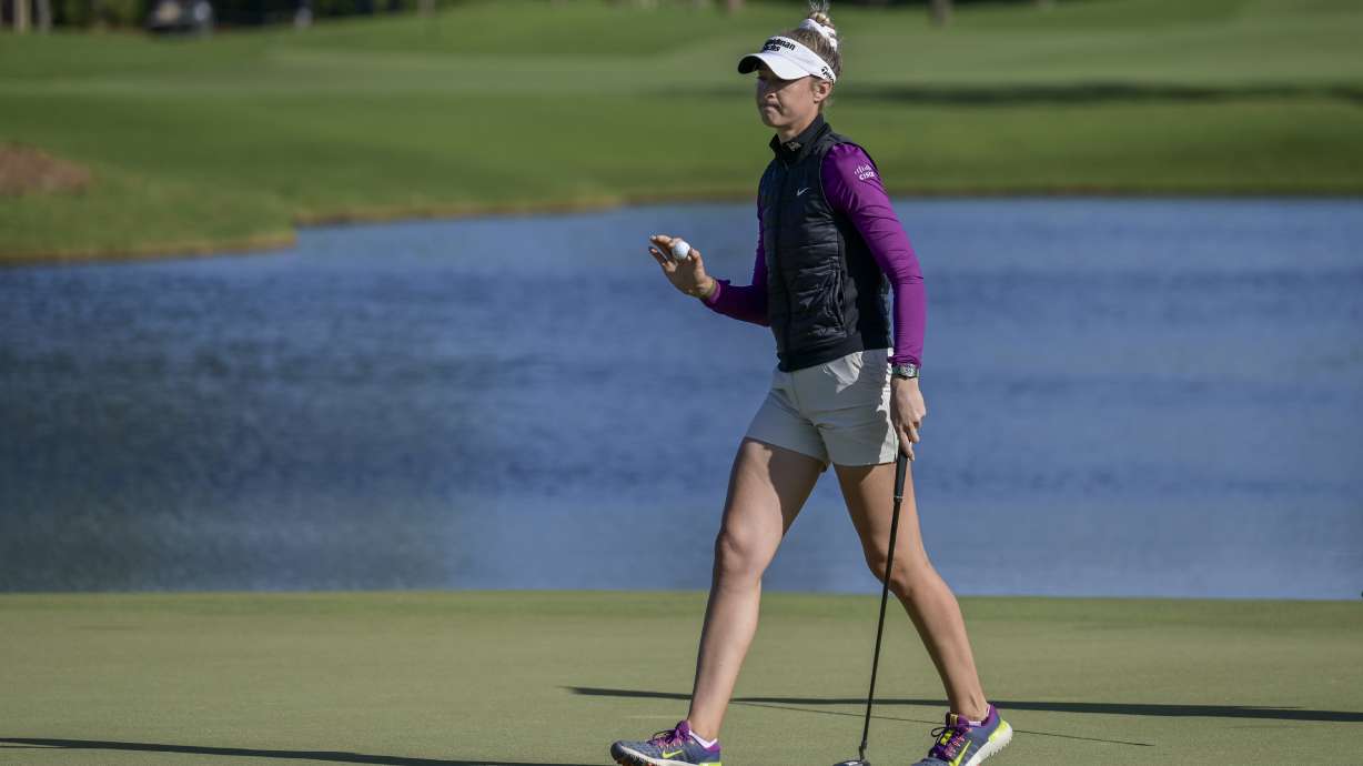 Nelly Korda walks across the ninth green during the first round of the LPGA Annika golf tournament at Pelican Golf Club, Thursday, Nov. 14, 2024, in Belleair, Fla.
