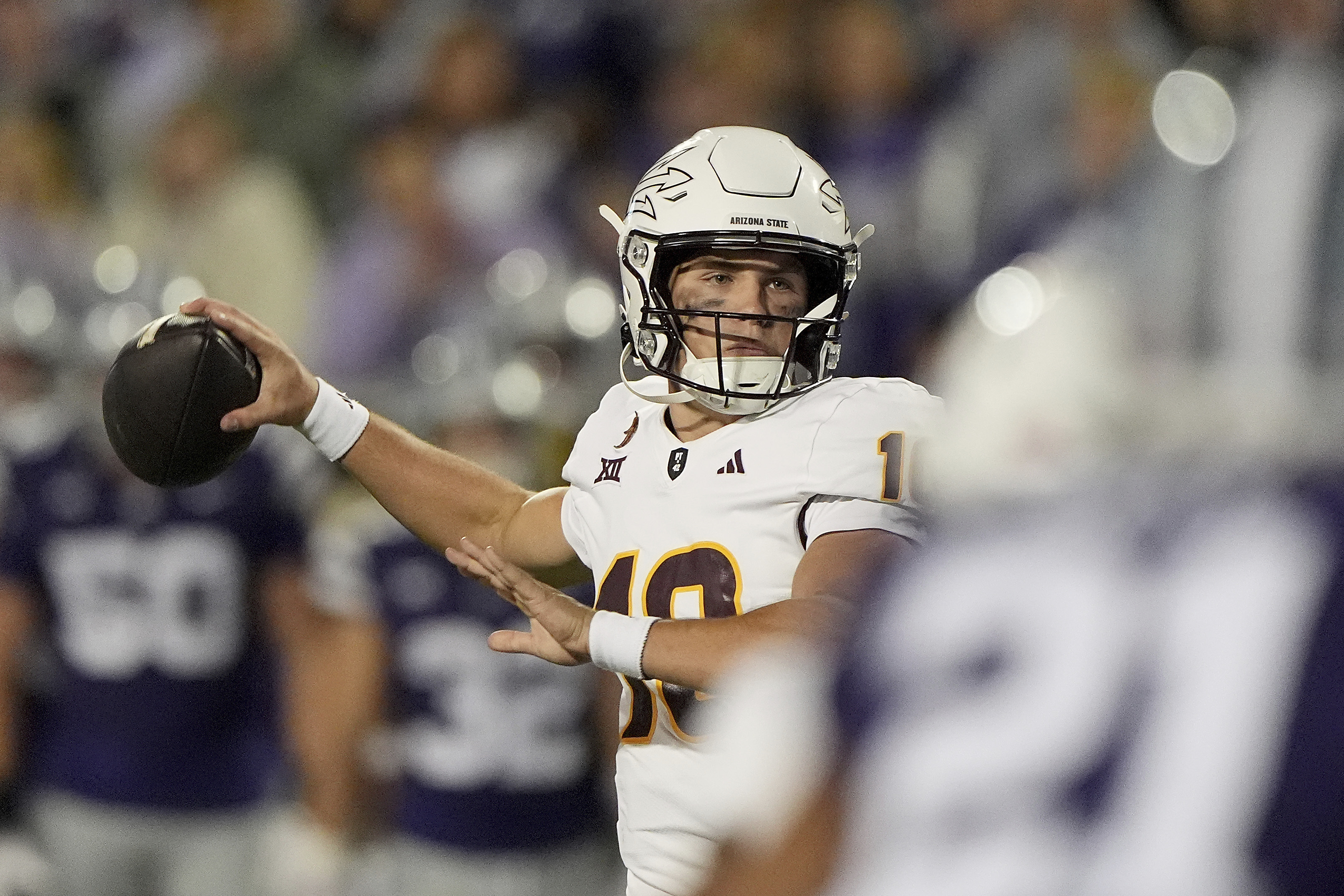 Arizona State quarterback Sam Leavitt looks to pass during the first half of an NCAA college football game against Kansas State Saturday, Nov. 16, 2024, in Manhattan, Kan.