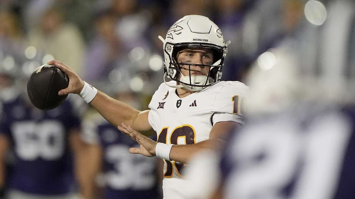 Arizona State quarterback Sam Leavitt looks to pass during the first half of an NCAA college football game against Kansas State Saturday, Nov. 16, 2024, in Manhattan, Kan.