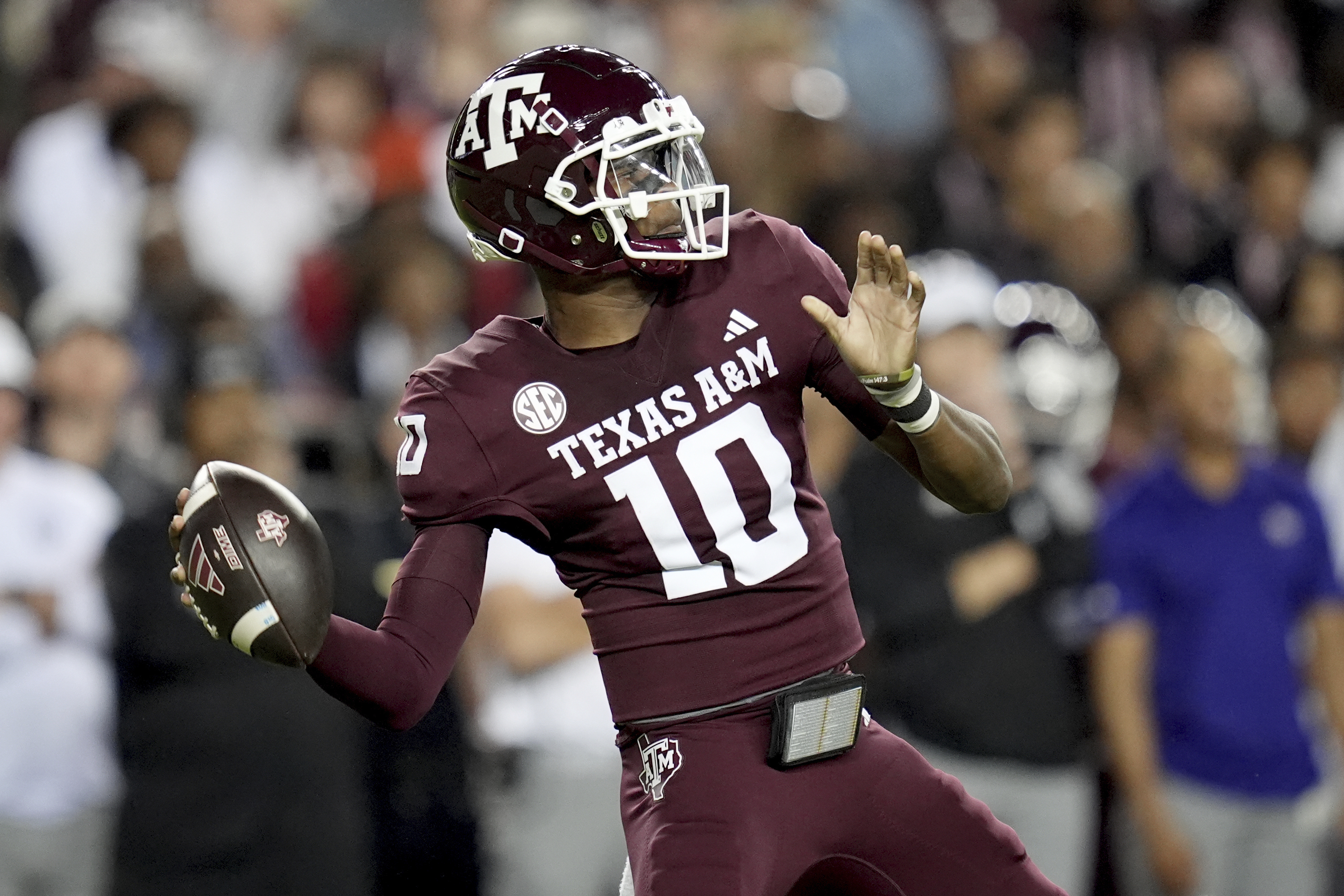 Texas A&M quarterback Marcel Reed looks to pass downfield against New Mexico State during the first half of an NCAA college football game Saturday, Nov. 16, 2024, in College Station, Texas. 