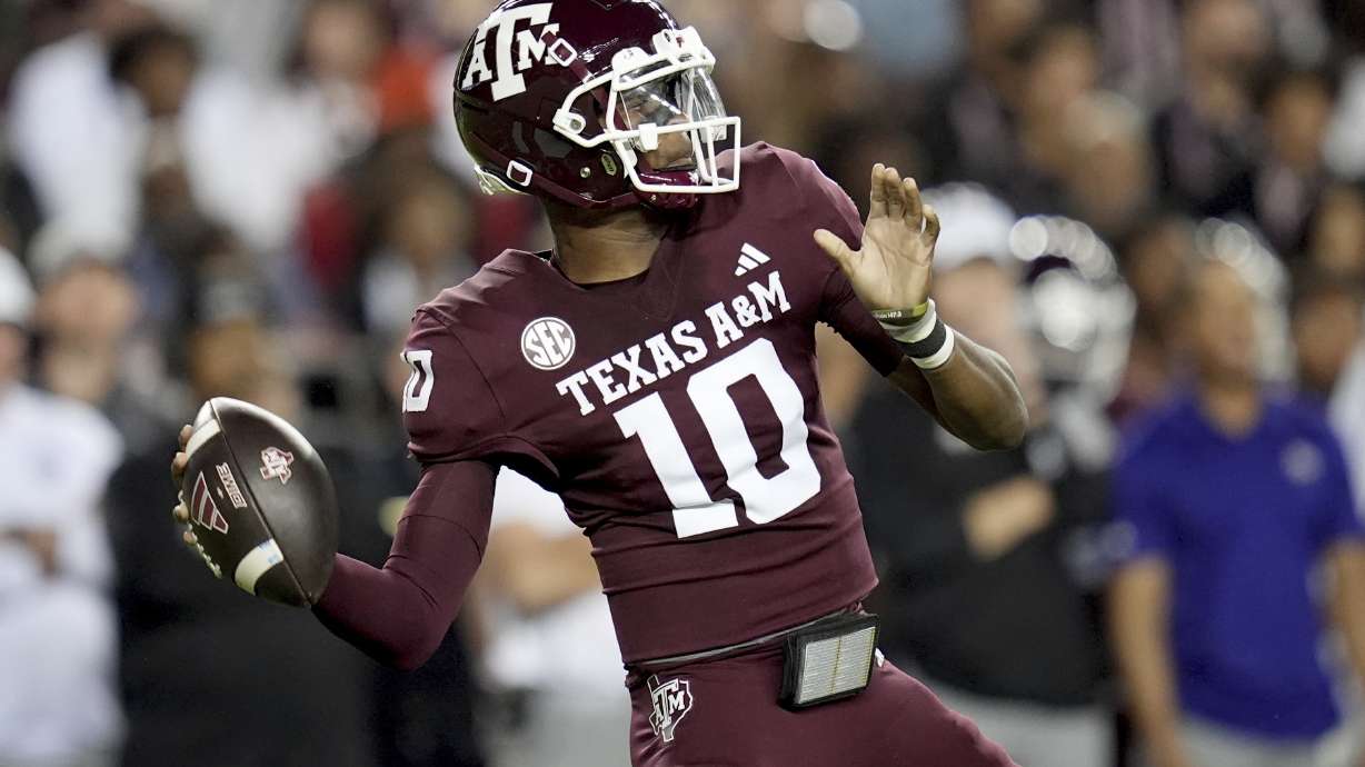 Texas A&M quarterback Marcel Reed looks to pass downfield against New Mexico State during the first half of an NCAA college football game Saturday, Nov. 16, 2024, in College Station, Texas.