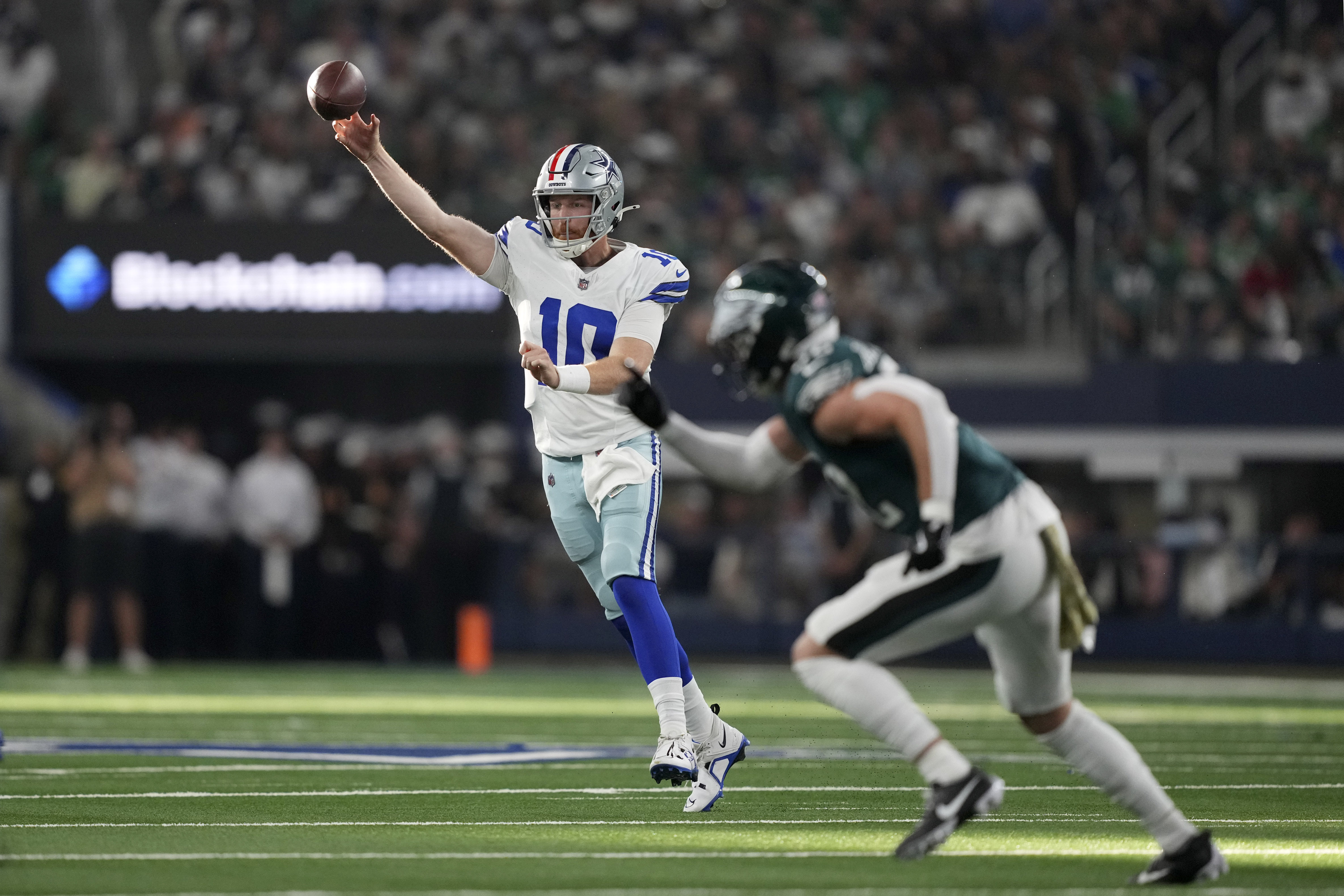 Dallas Cowboys quarterback Cooper Rush (10) throws a pass in the first half of an NFL football game against the Philadelphia Eagles in Arlington, Texas, Sunday, Nov. 10, 2024. 