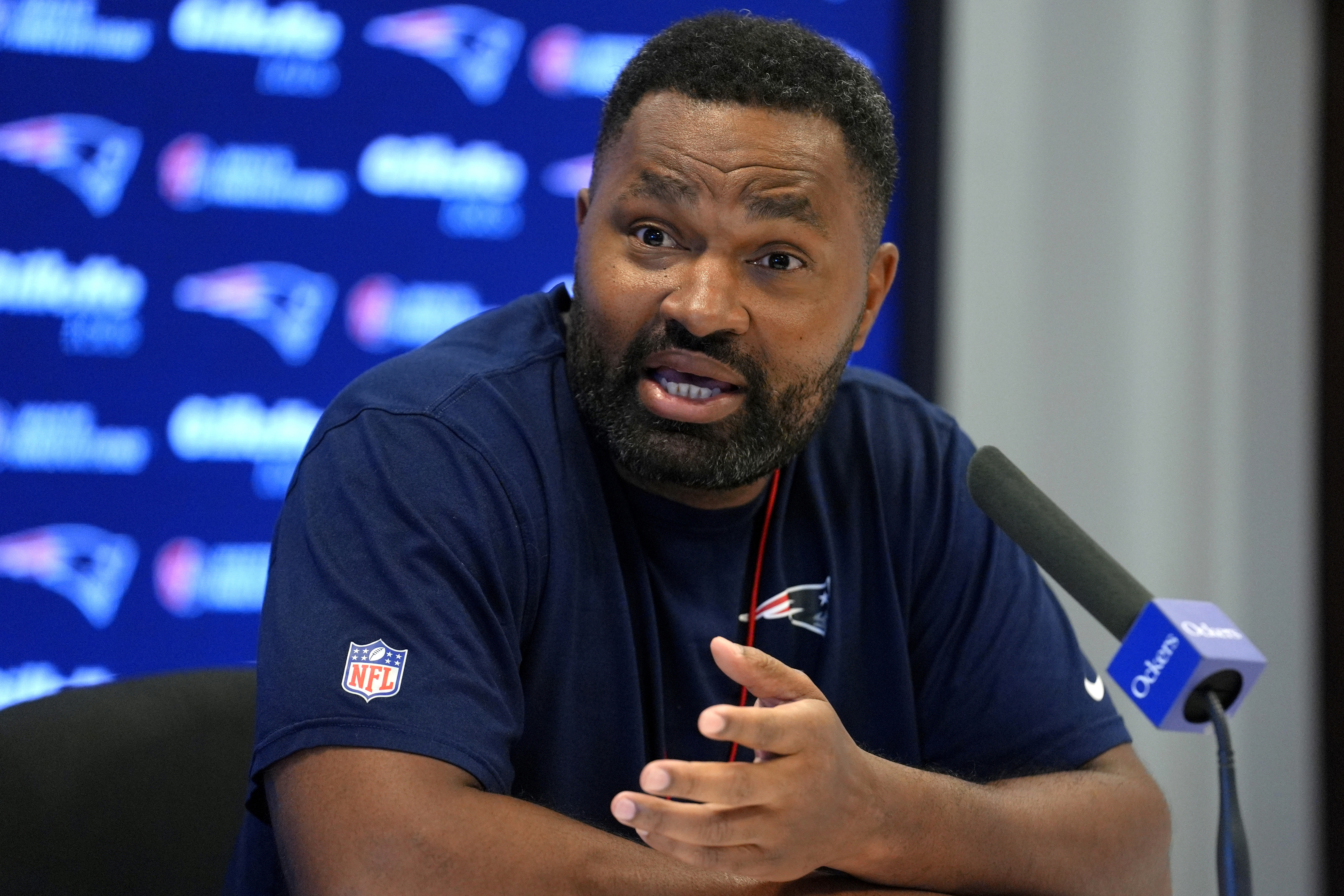 New England Patriots head coach Jerod Mayo speaks with reporters during a news conference before NFL football practice, Wednesday, Nov. 13, 2024, in Foxborough, Mass. 