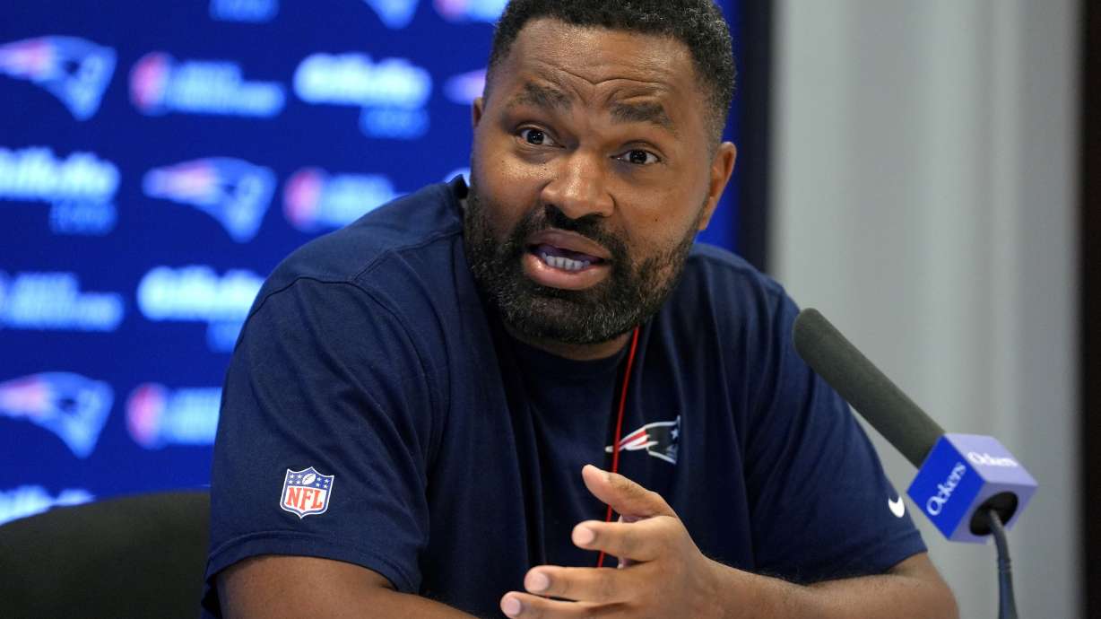 New England Patriots head coach Jerod Mayo speaks with reporters during a news conference before NFL football practice, Wednesday, Nov. 13, 2024, in Foxborough, Mass.