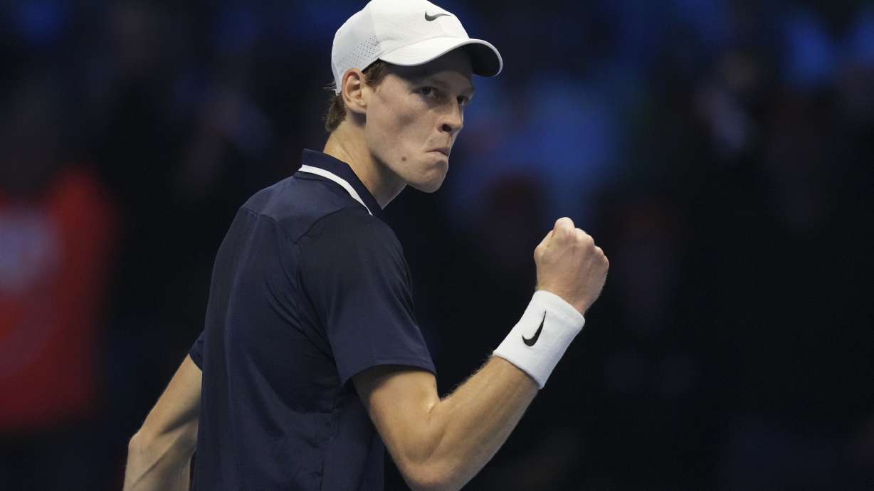 Italy's Jannik Sinner reacts during the final match of the ATP World Tour Finals against Taylor Fritz of the United States at the Inalpi Arena, in Turin, Italy, Sunday, Nov. 17, 2024.