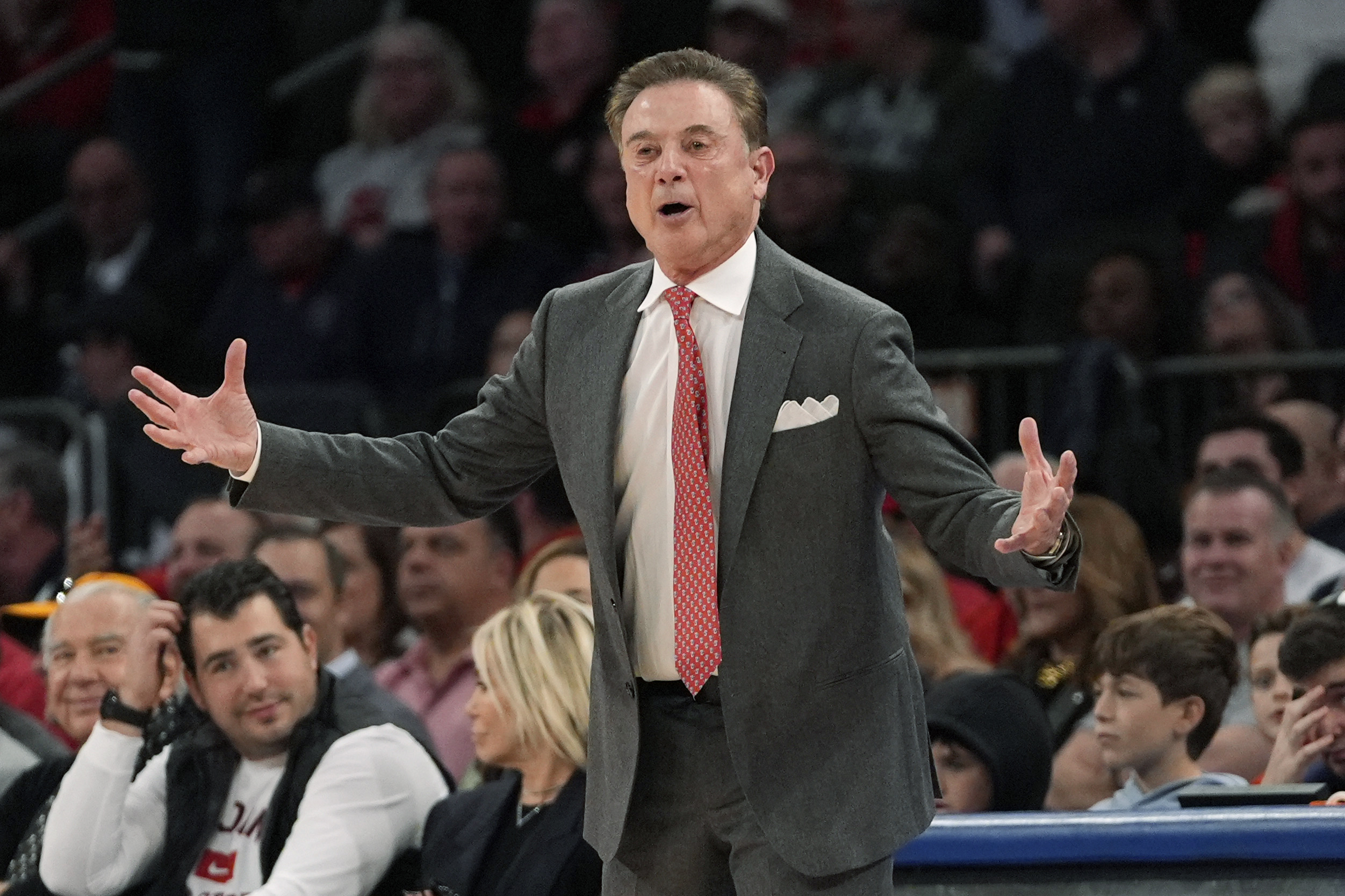 St. John's head coach Rick Pitino stands on the court during the first half of an NCAA college basketball game against New Mexico, Sunday, Nov. 17, 2024, in New York.