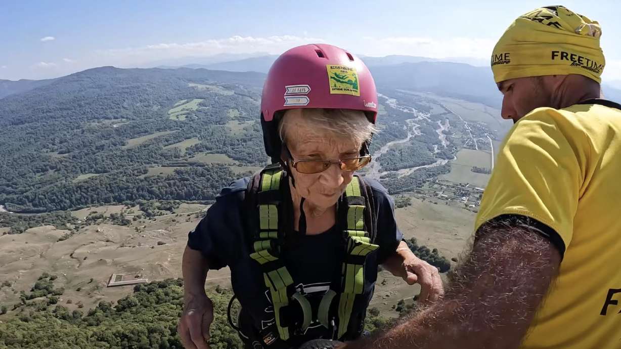 This woman is 75 years old — and she's as cool as a cucumber as she prepares to go somersaulting off a 700-foot cliff.