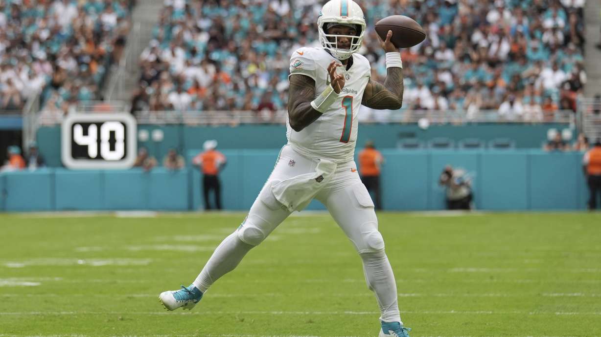 Miami Dolphins quarterback Tua Tagovailoa (1) throws a touchdown pass to wide receiver Tyreek Hill (10) during the second half of an NFL football game against the Las Vegas Raiders, Sunday, Nov. 17, 2024, in Miami Gardens, Fla.