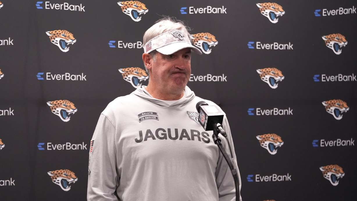 Jacksonville Jaguars head coach Doug Pederson talks to the media after an NFL football game against the Detroit Lions, Sunday, Nov. 17, 2024, in Detroit.