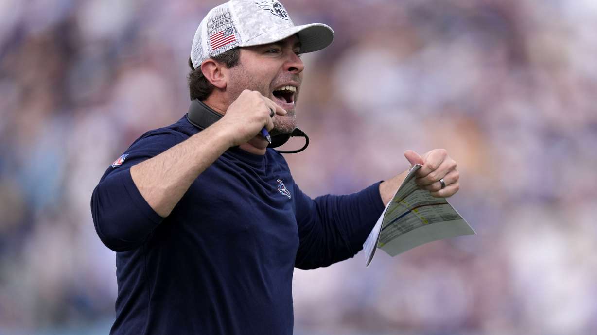 Tennessee Titans head coach Brian Callahan questions a call during the first half of an NFL football game against the Minnesota Vikings, Sunday, Nov. 17, 2024, in Nashville, Tenn.