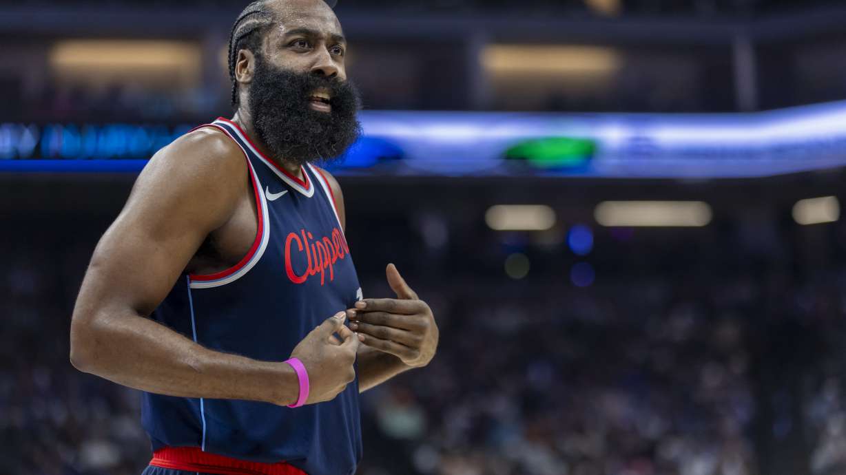 Los Angeles Clippers guard James Harden reacts to a call during the first half of an NBA basketball game against the Sacramento Kings Friday, Nov. 8, 2024, in Sacramento, Calif.