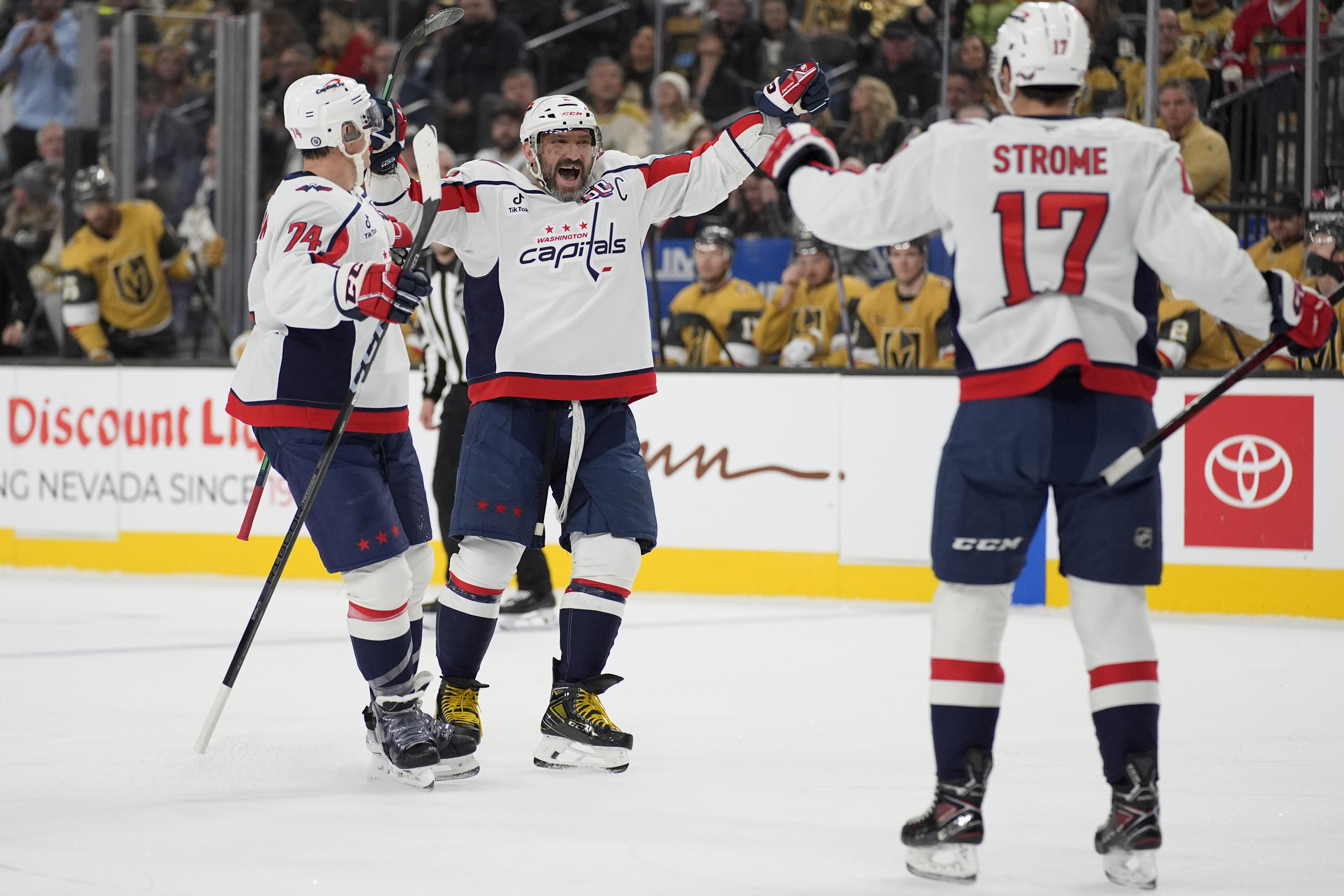 Washington Capitals left wing Alex Ovechkin, center, celebrates after scoring against the Vegas Golden Knights during the first period of an NHL hockey game Sunday, Nov. 17, 2024, in Las Vegas. 