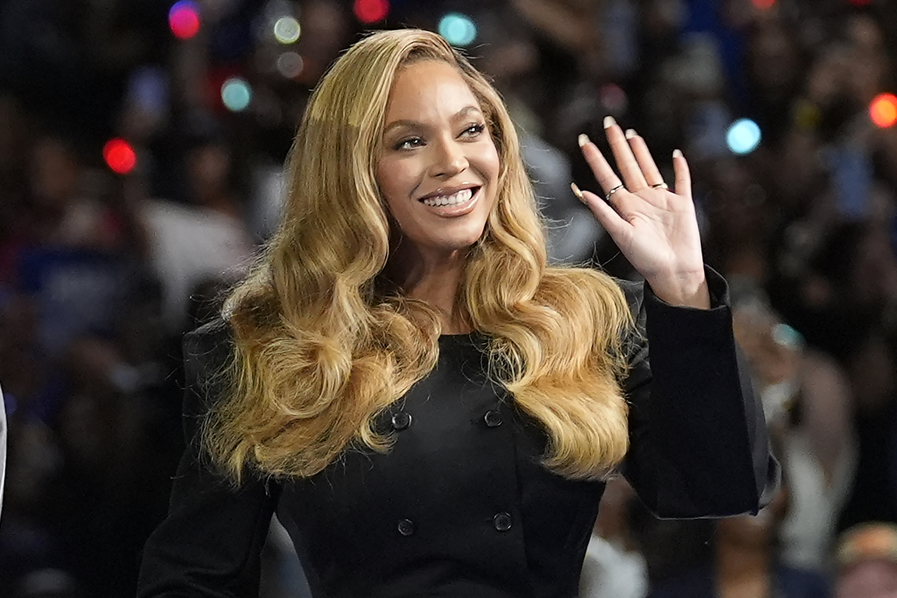 FILE - Beyonce appears at a campaign event for Democratic presidential nominee Vice President Kamala Harris in Houston, on Oct. 25, 2024. 