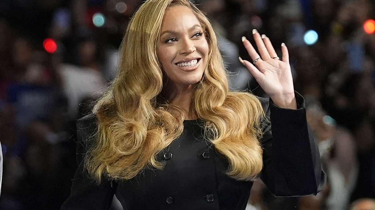 FILE - Beyonce appears at a campaign event for Democratic presidential nominee Vice President Kamala Harris in Houston, on Oct. 25, 2024.