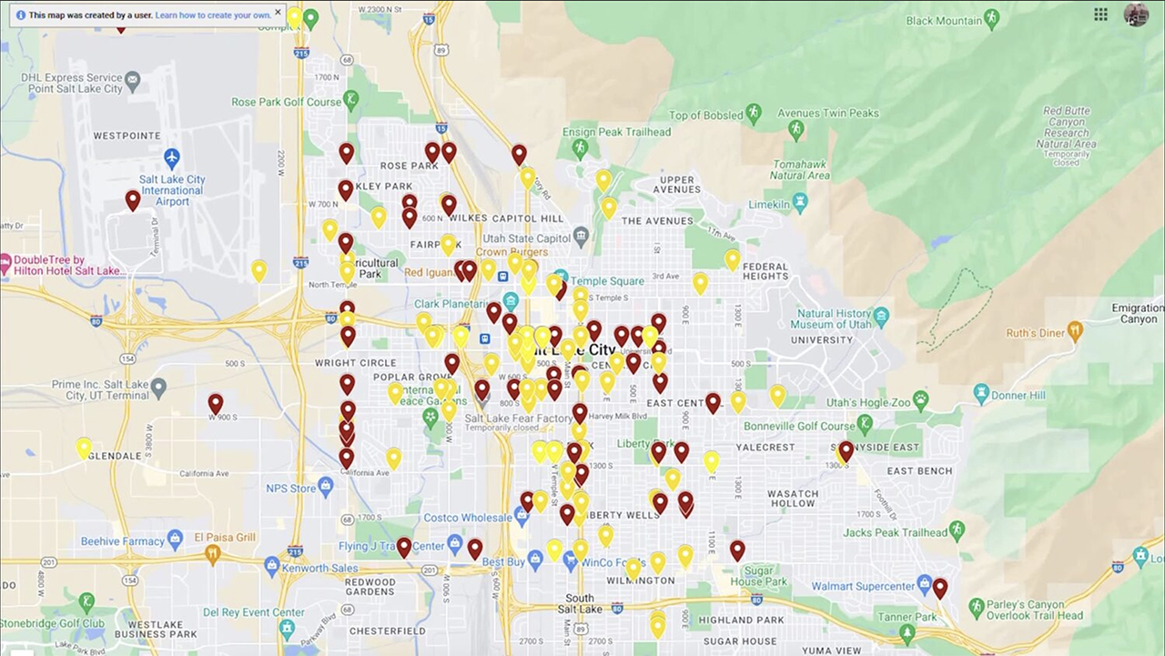 This map from Sweet Streets Salt Lake City shows deadly crashes and crashes that resulted in a traffic injury.