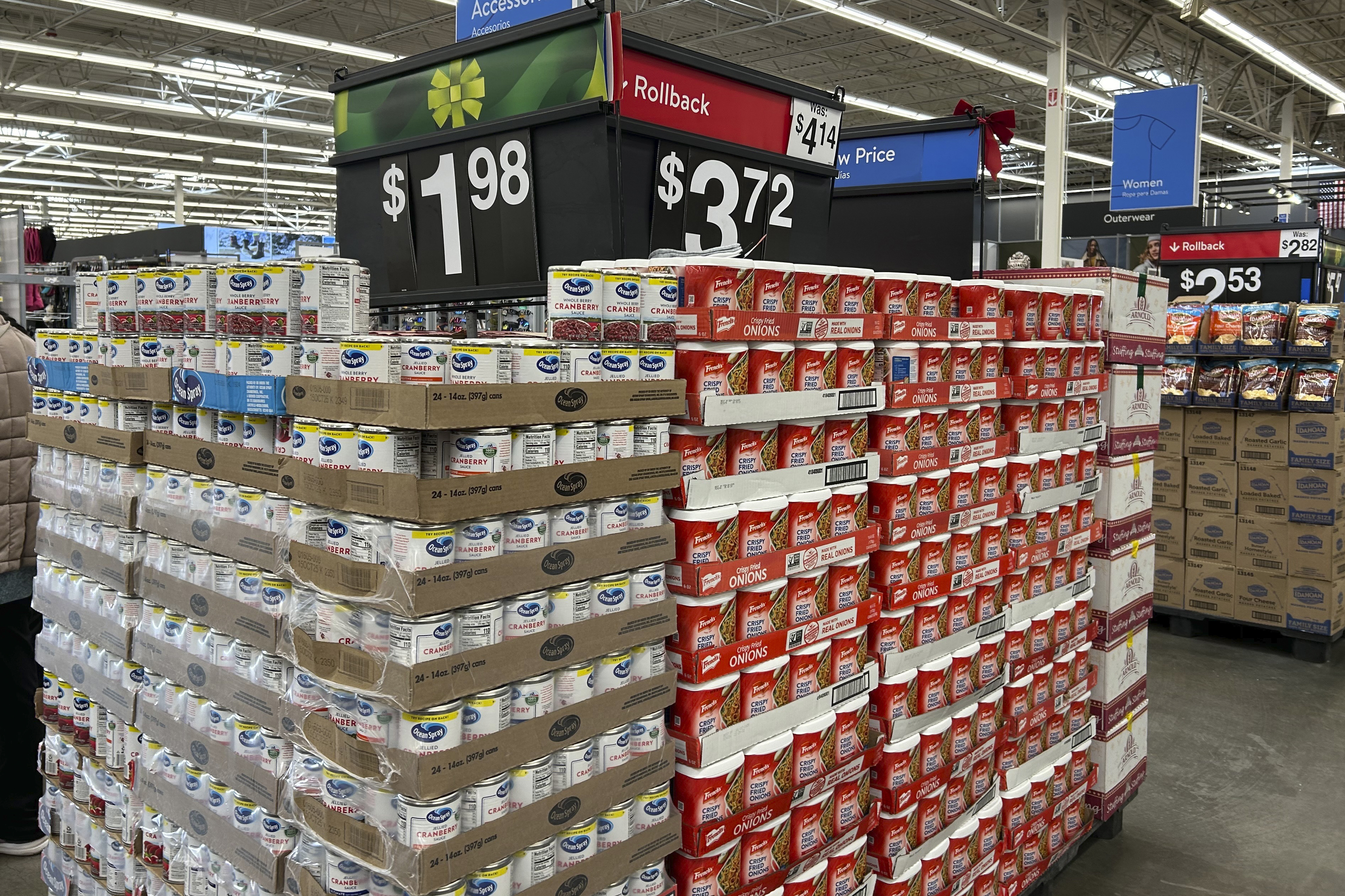 Items to include in holiday dinners are displayed at a Walmart store in Secaucus, N.J., on Wednesday.