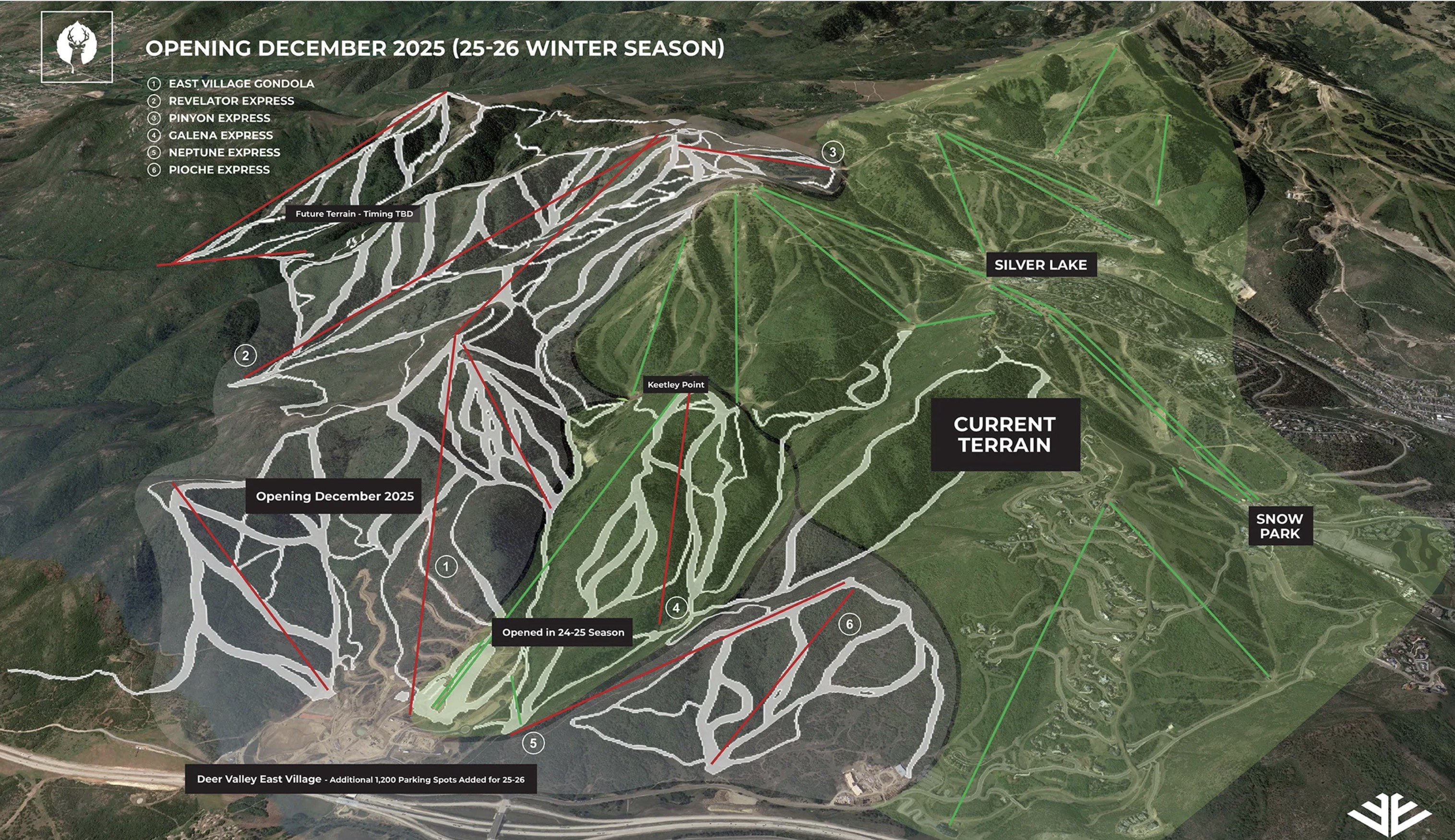 This map shows the updated terrain map of Deer Valley Resort (in green) and what is planned to open as early as next winter (in white).