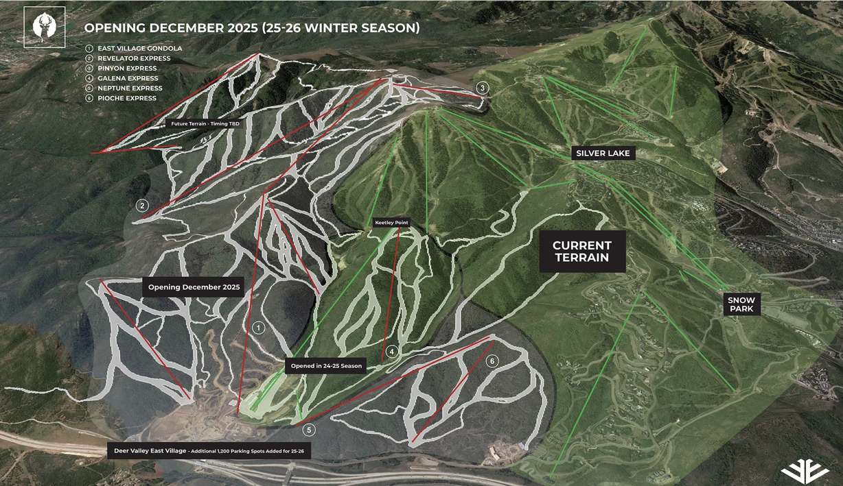 This map shows the updated terrain map of Deer Valley Resort (in green) and what is planned to open as early as next winter (in white).