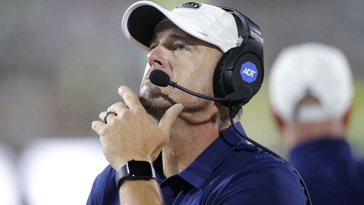 FILE - Florida Atlantic coach Tom Herman watches the fourth quarter of an NCAA college football game against Michigan State, Friday, Aug. 30, 2024, in East Lansing, Mich.