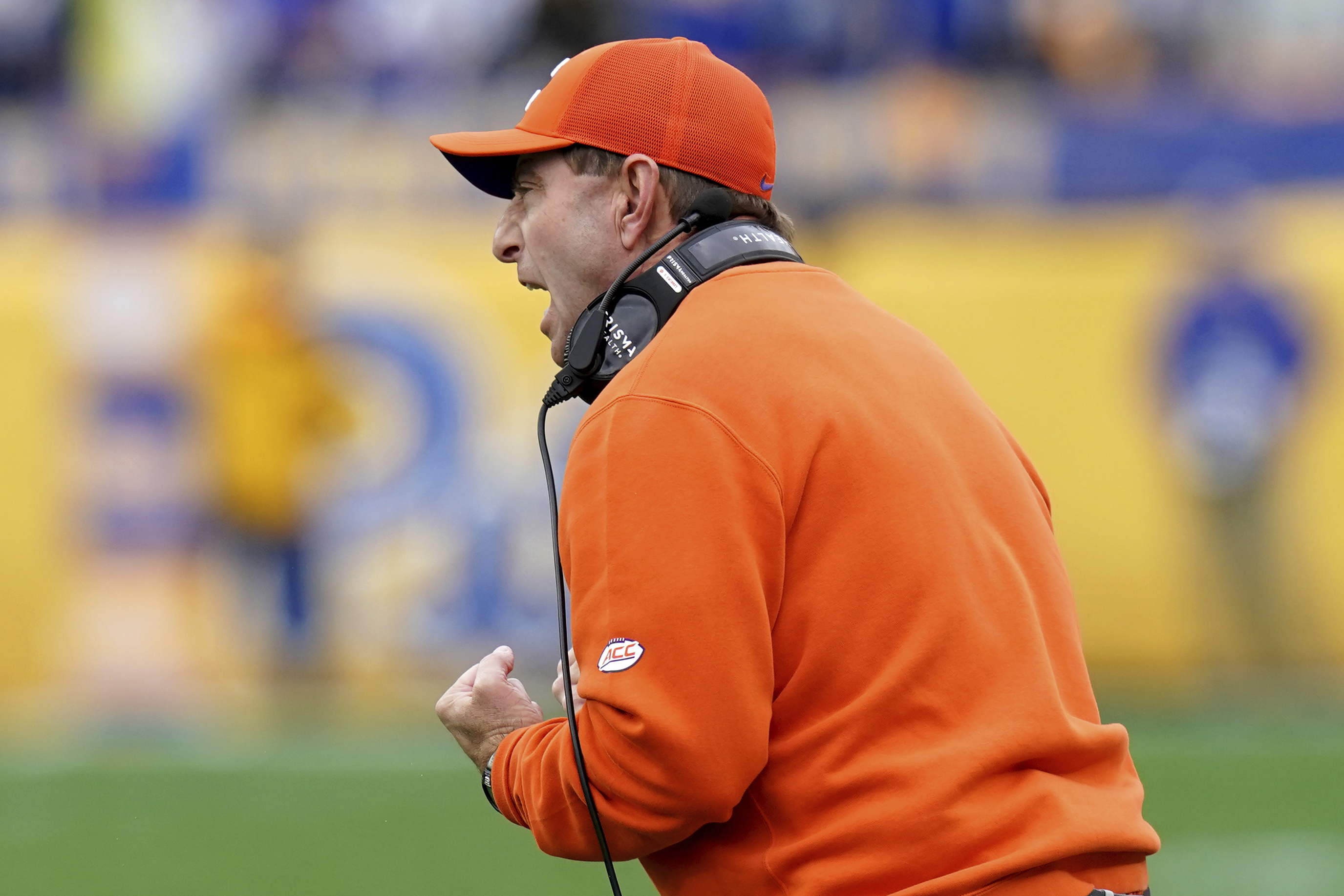 Clemson head coach Dabo Swinney reacts during the first half of an NCAA college football game against Pittsburgh, Saturday, Nov. 16, 2024, in Pittsburgh. 