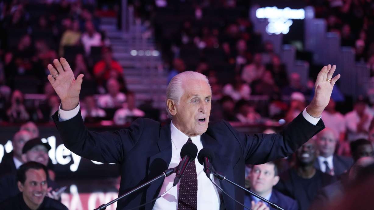 The Miami Heat president Pat Riley speaks during a halftime ceremony to commemorate the start of Riley's 30th season with the franchise, as the Heat unveiled the Pat Riley Court during an NBA basketball game between the Heat and the Orlando Magic, Wednesday, Oct. 23, 2024, in Miami.