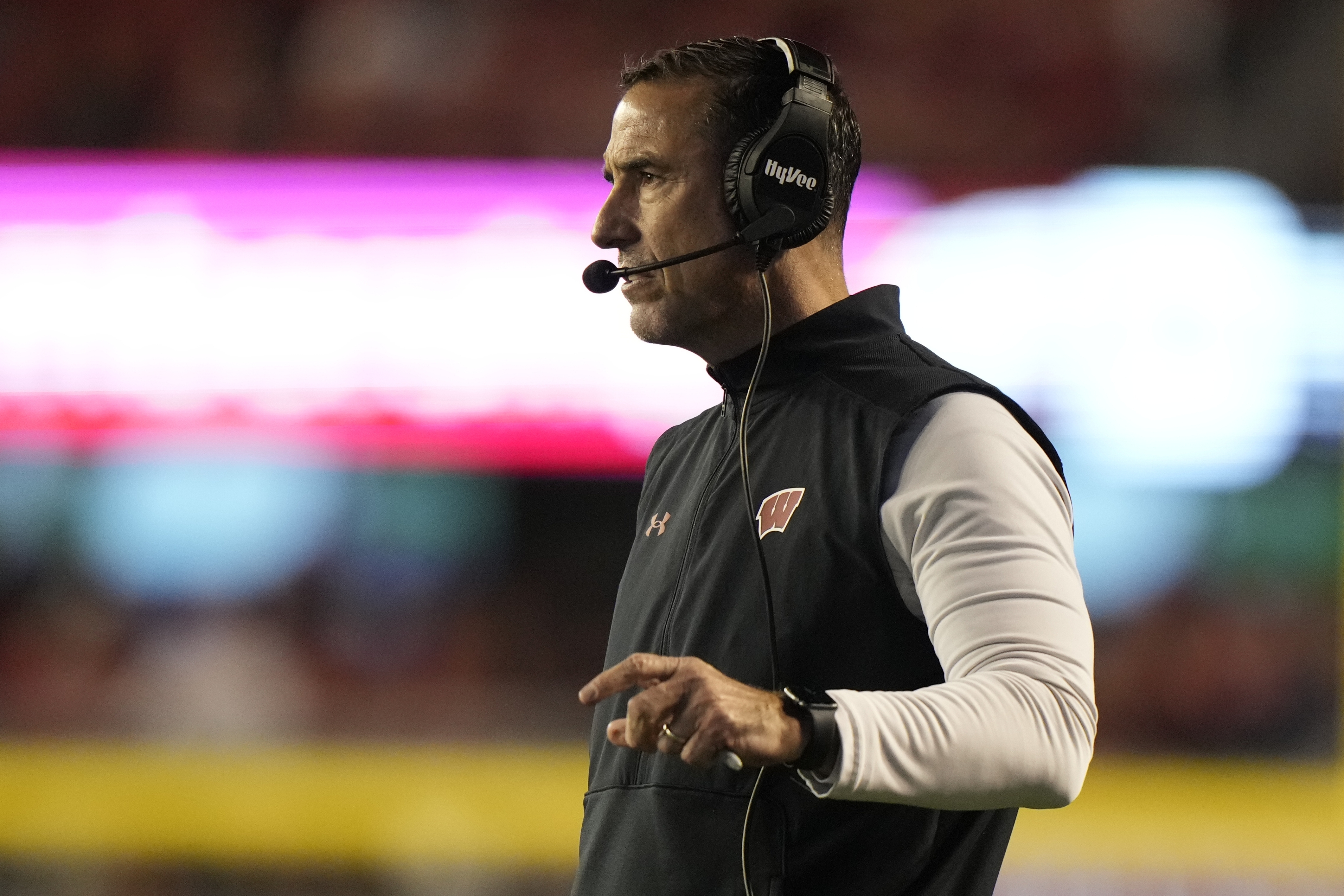 Wisconsin head coach Luke Fickell watches during the first half of an NCAA college football game against Oregon Saturday, Nov. 16, 2024, in Madison, Wis. 