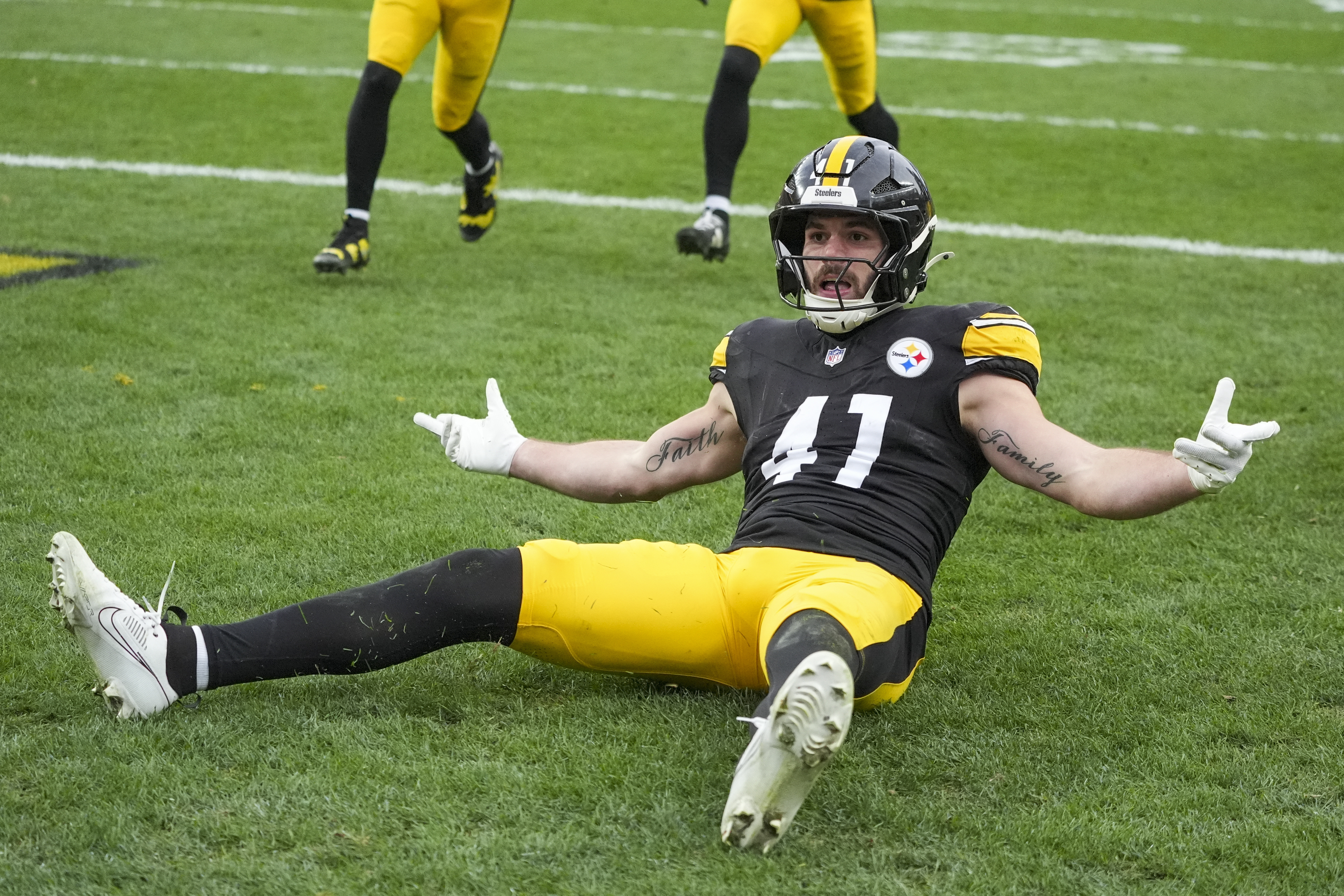 Pittsburgh Steelers linebacker Payton Wilson reacts after intercepting a pass by the Baltimore Ravens during the second half of an NFL football game, Sunday, Nov. 17, 2024, in Pittsburgh.