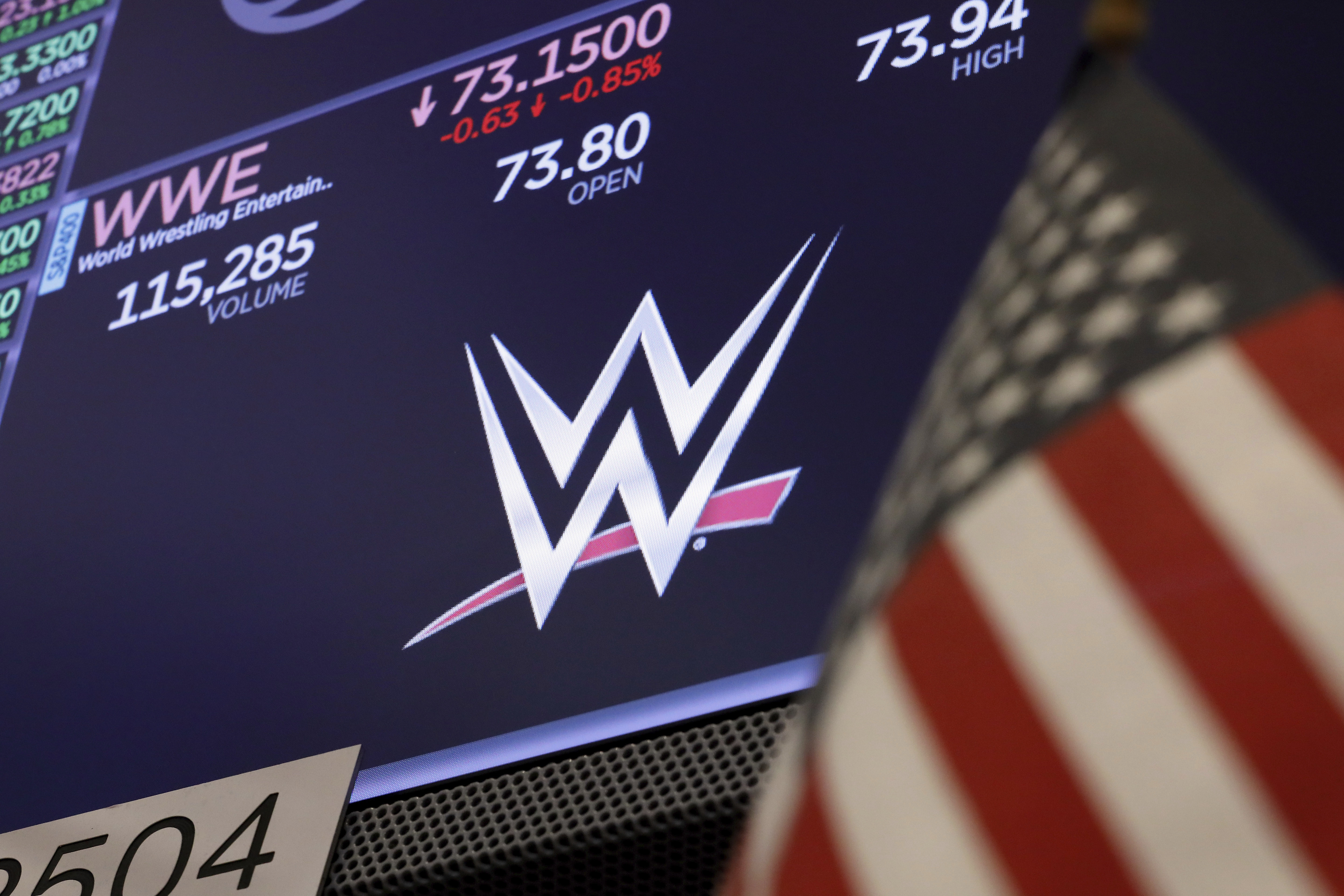FILE - The logo for World Wrestling Entertainment, WWE, appears above a trading post on the floor of the New York Stock Exchange, Sept. 13, 2019. 