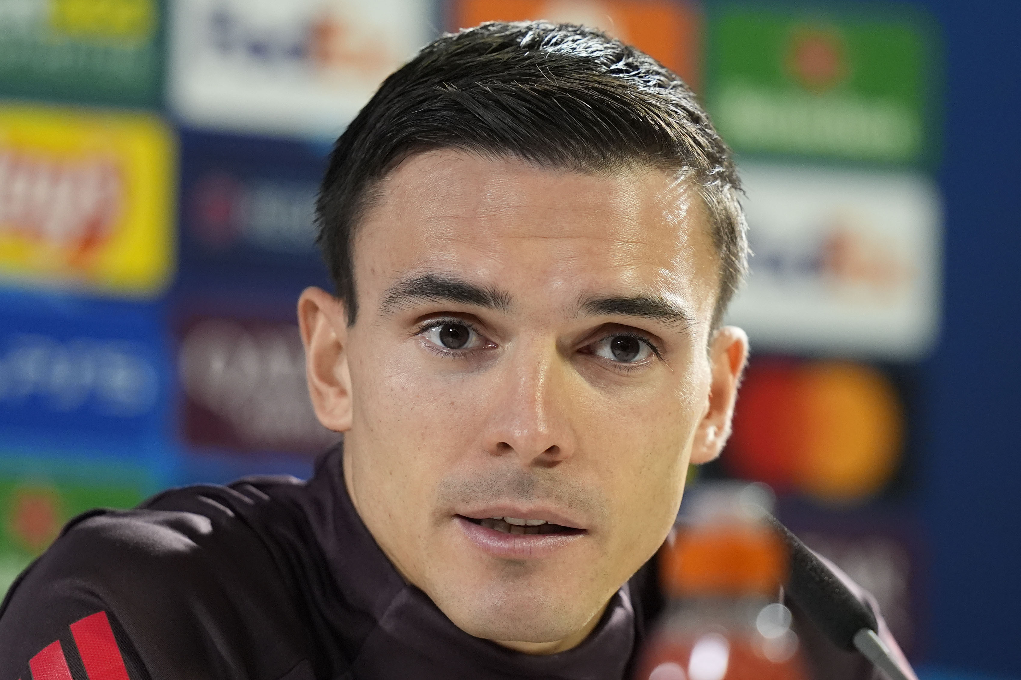 Bayern's Joao Palhinha attends a news conference in Munich, Germany, Tuesday, Nov. 5, 2024, ahead of the Champions League opening phase soccer match between FC Bayern and Benfica Lisbon. 