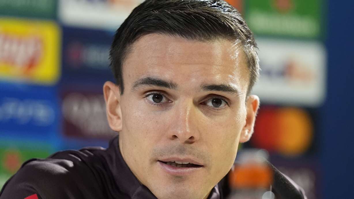 Bayern's Joao Palhinha attends a news conference in Munich, Germany, Tuesday, Nov. 5, 2024, ahead of the Champions League opening phase soccer match between FC Bayern and Benfica Lisbon.