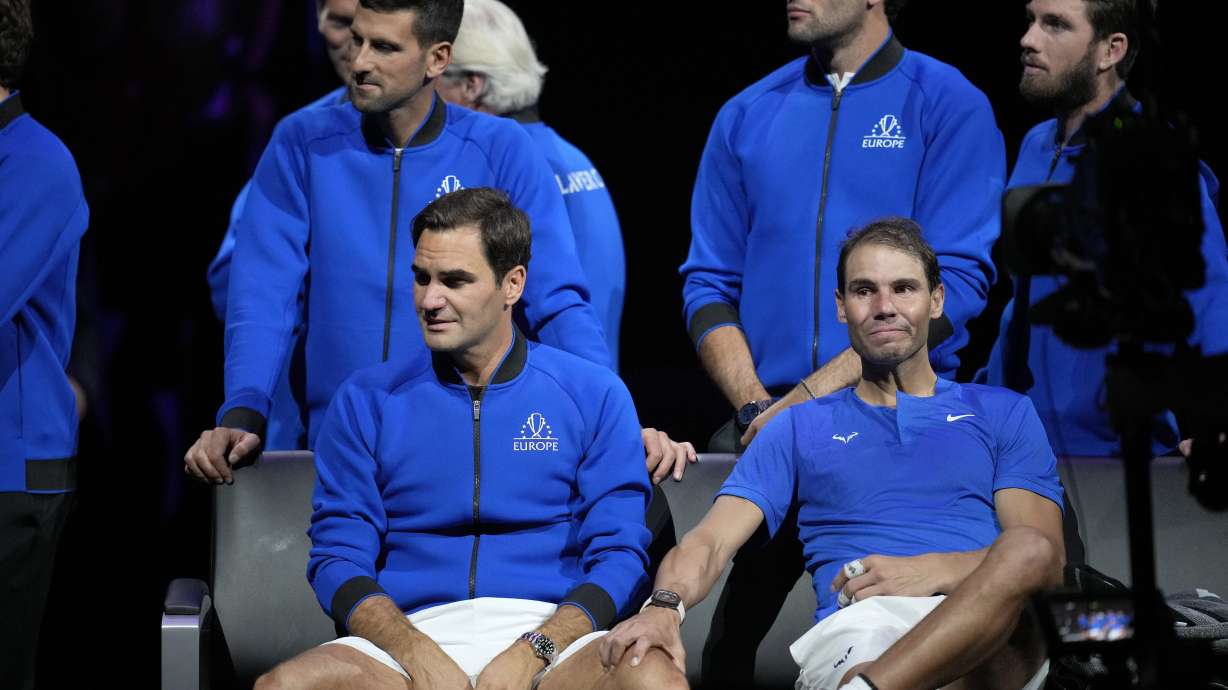 FILE - An emotional Roger Federer of Team Europe is consoled by his playing partner Rafael Nadal after their Laver Cup doubles match against Team World's Jack Sock and Frances Tiafoe at the O2 arena in London, Friday, Sept. 23, 2022.