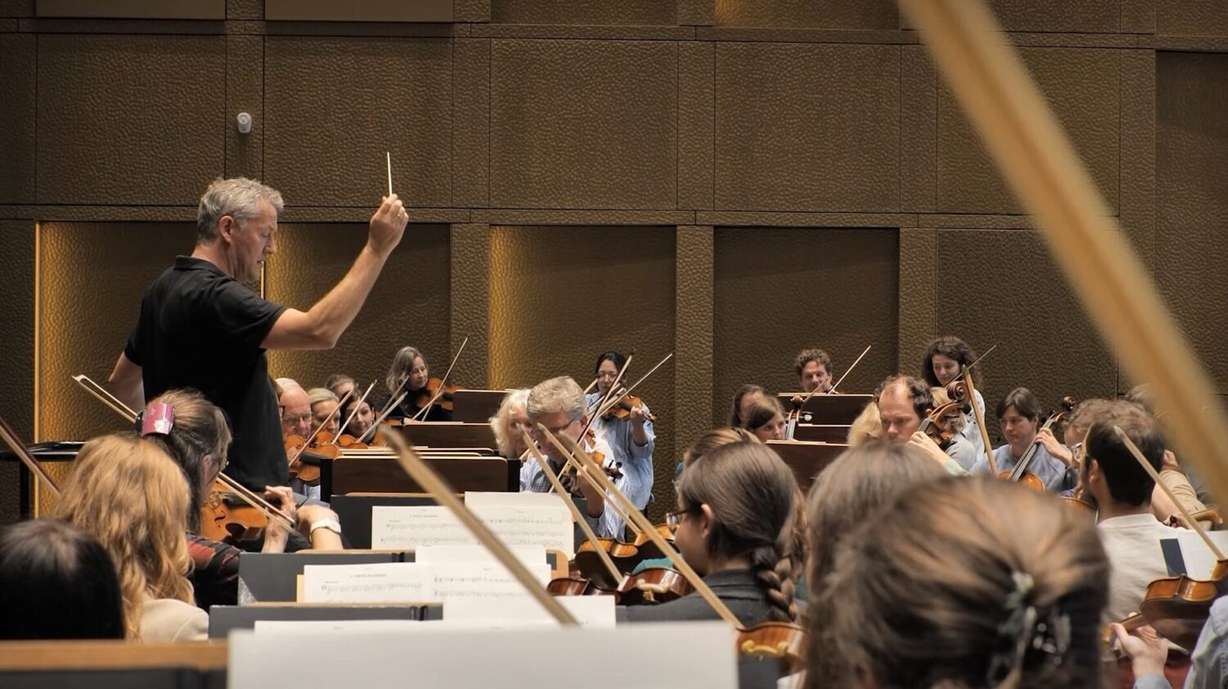 Markus Poschner conducts a rehearsal with the Bruckner Orchestra Linz at the Musiktheater am Volksgarten in Linz, Austria. He is the new music director of the Utah Symphony.