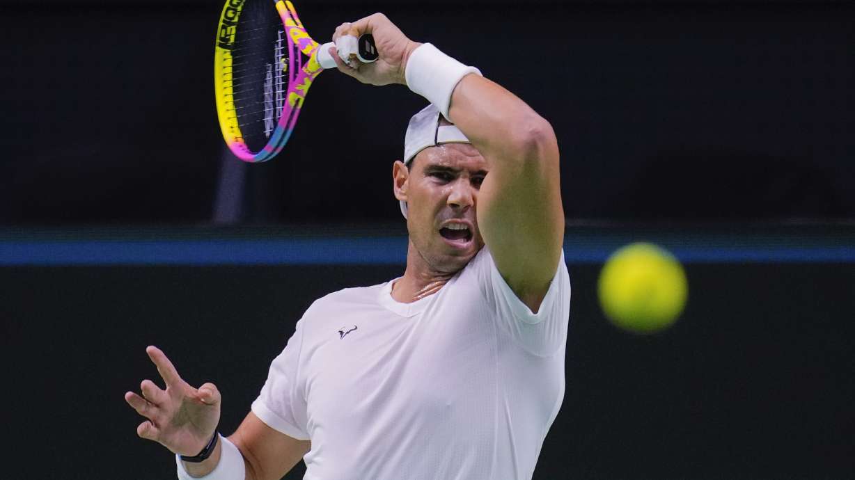 Spain's tennis player Rafael Nadal attends a training session in Malaga, southern Spain, on Tuesday, Nov. 19, 2024.