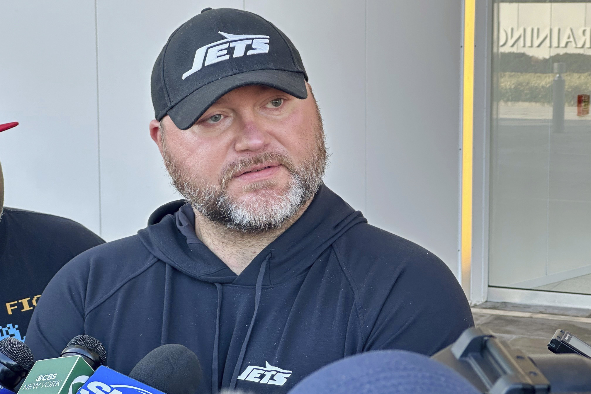 New York Jets general manager Joe Douglas speaks to reporters at the team’s training facility in Florham Park, N.J., on Wednesday, Nov. 6, 2024.