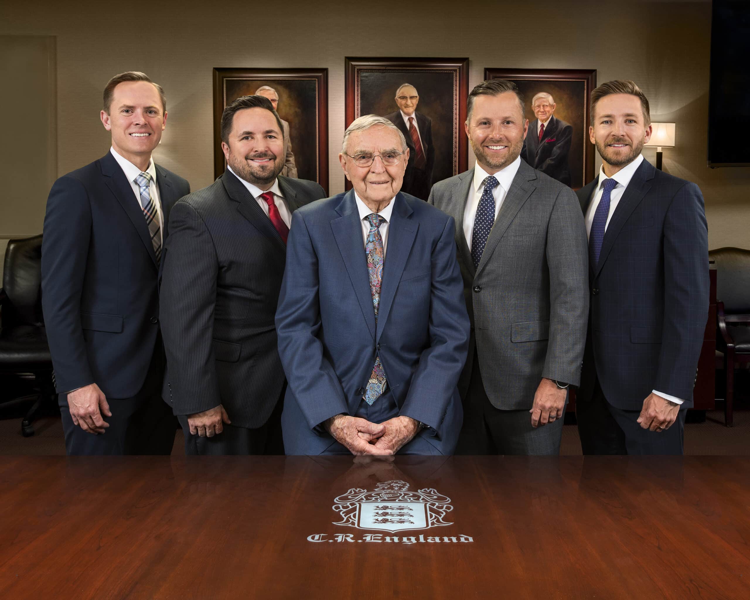 C.R. England family members Josh, Chad, Gene, Zach and TJ England pose for a picture on Tuesday, Aug. 13, 2019, in Salt Lake City, Utah.