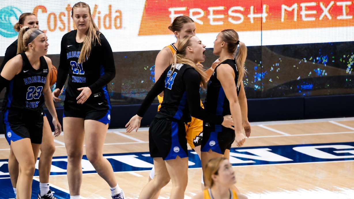 BYU wing Brinley Cannon celebrates a play against Wyoming during an NCAA women's basketball game, Nov. 9, 2024, at the Marriott Center in Provo. Cannon is one of four players from Idaho on the roster as head coach Amber Whiting tries to tap her former home state.