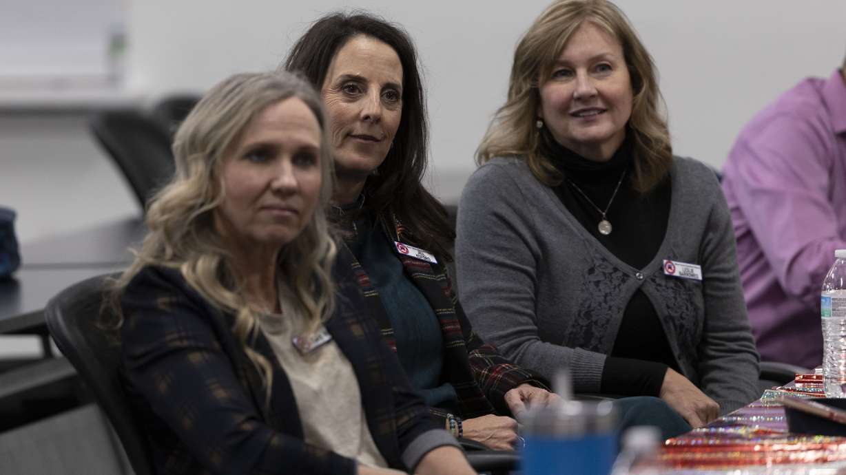 Jill Koford, center, has won the race for the District 10 Utah House seat, according to vote totals certified Tuesday. On the left in the photo, taken Monday in Ogden, is Utah Rep. Katy Hall.