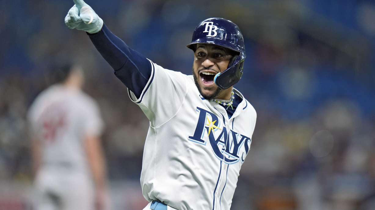 FILE - Tampa Bay Rays' Jose Siri celebrates after hitting a solo home run off Boston Red Sox starting pitcher Nick Pivetta during the fifth inning of a baseball game Tuesday, Sept. 17, 2024, in St. Petersburg, Fla.