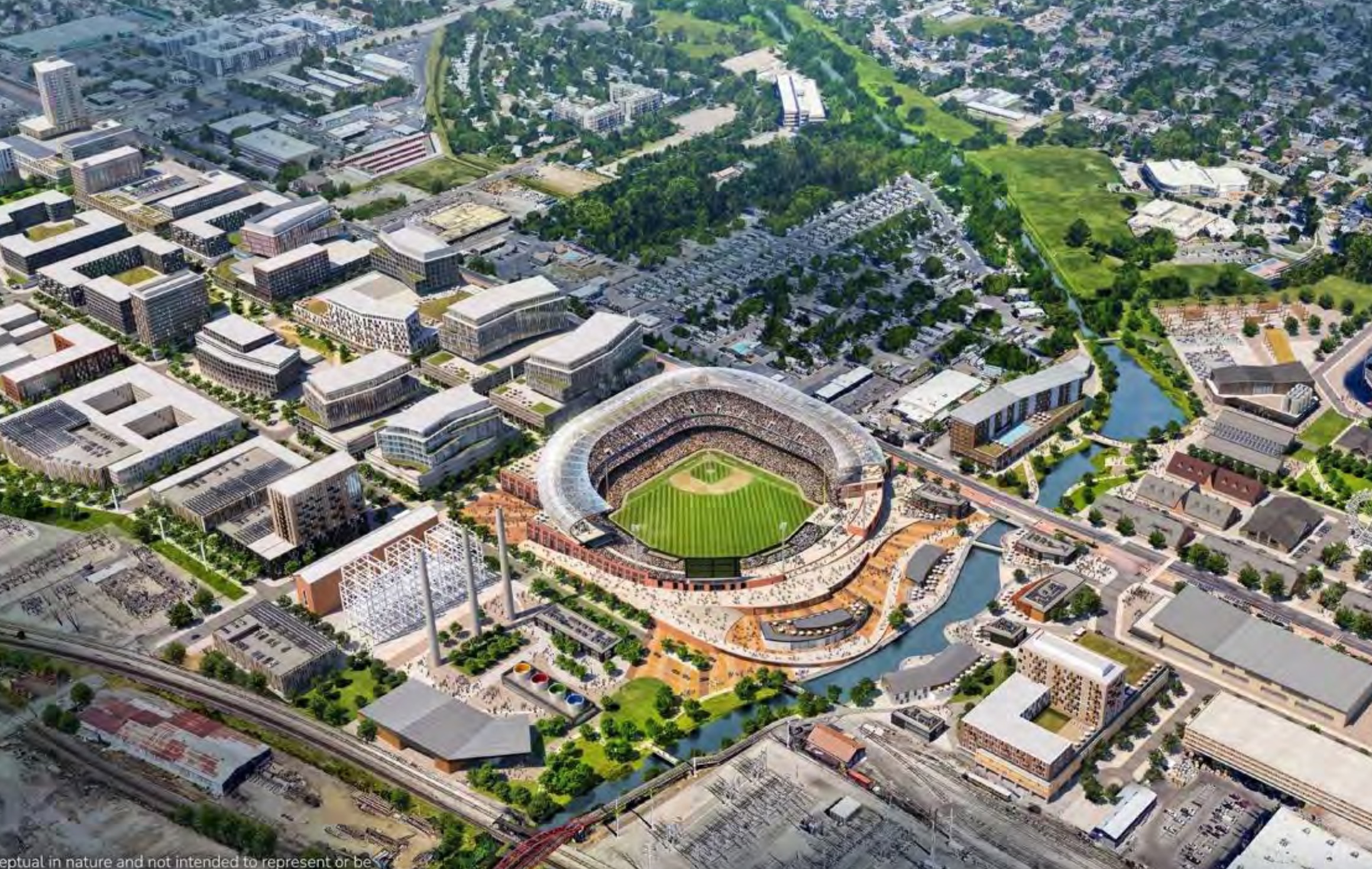 A rendering of what a potential Major League Baseball stadium and neighborhood around it could look like in Salt Lake City's Fairpark neighborhood. Residents and business owners were split on the plan at a public hearing Tuesday.